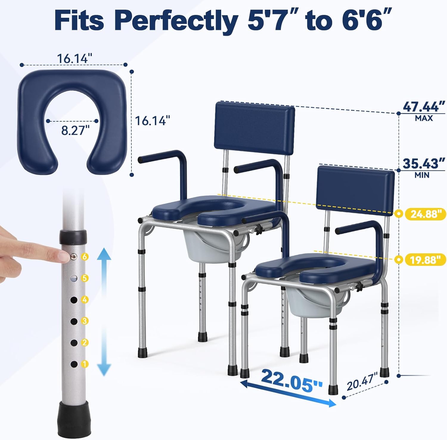 Drop Arm Bedside Commode, Commode Toilet with Padded Seat and Backrest, 400lbs Capacity, 6.3QT Removable Bucket and Splash Guard, Adjustable Height Portable Toilet for Adults, Blue
