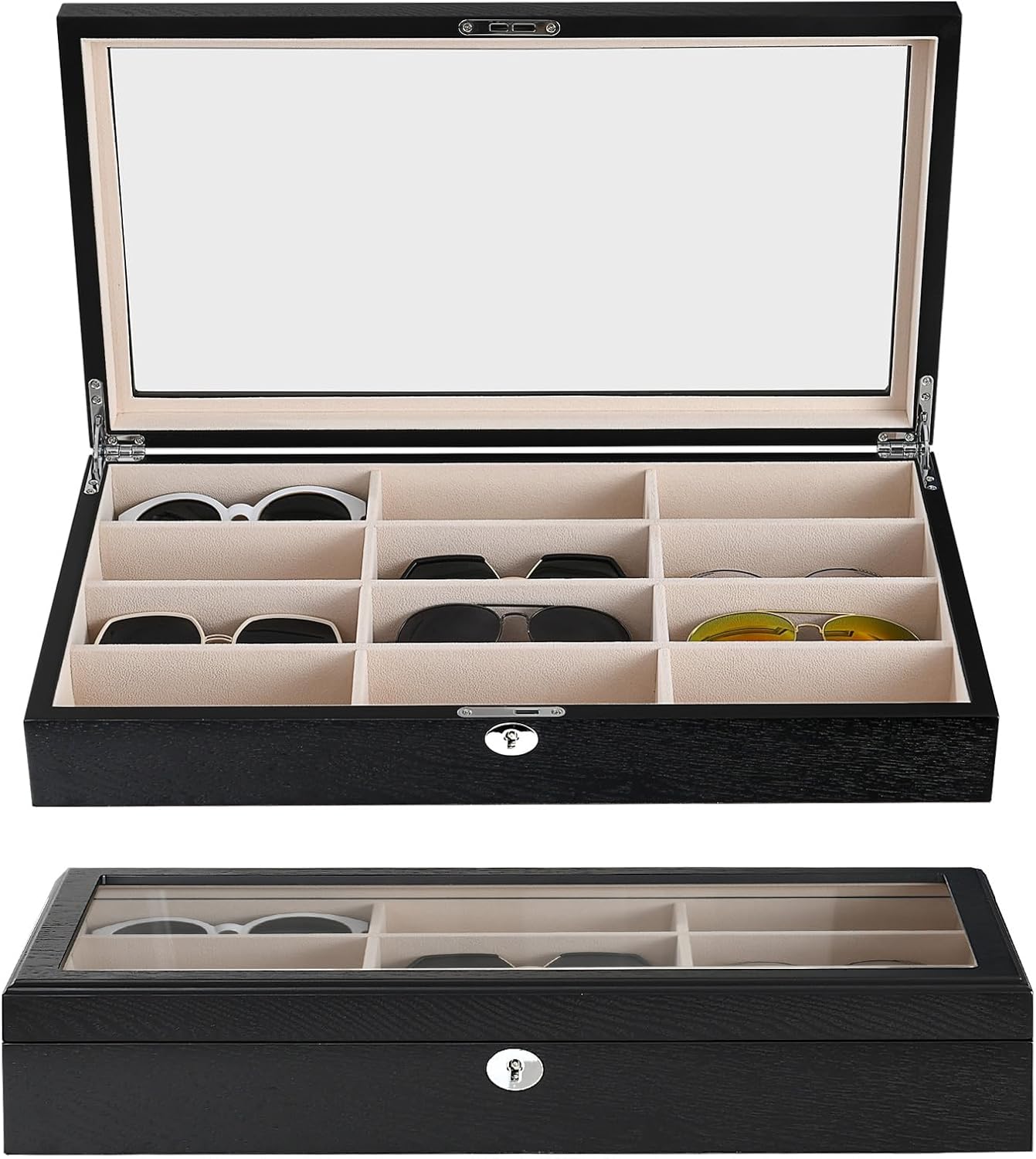 Sunglasess Organizer 12 Slot Wood Glasses Case for Women Men, Eyeglasses Storage Box, Sunglasses Holder Display