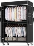 Homdox Garment Rack with Cover, Heavy Duty Clothing Rack for Hanging Clothes, Portable Closet Wardrobe, Double Rods Garment Rack with wheels, 35.1' W x 17.4' D x 80.6' H, Black