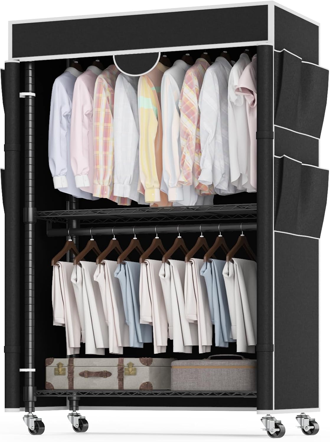 Homdox Garment Rack with Cover, Heavy Duty Clothing Rack for Hanging Clothes, Portable Closet Wardrobe, Double Rods Garment Rack with wheels, 35.1' W x 17.4' D x 80.6' H, Black