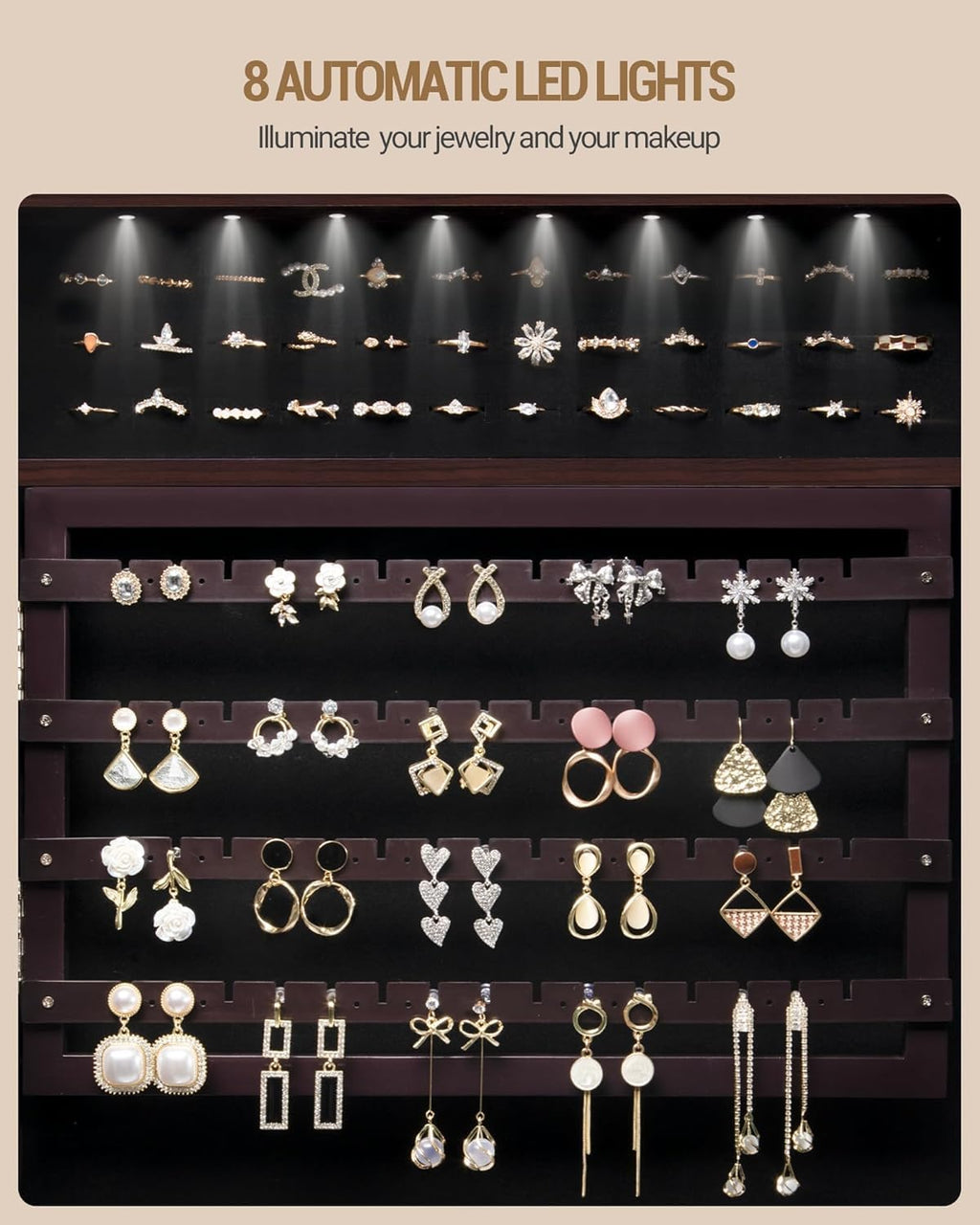 Hzuaneri 8 LEDs Jewelry Cabinet Armoire, 66.9-inch Jewelry Organizer with Garment Rack, Lockable Full-length Mirror with 4 Wheels, Storage Shelves with Hooks, 5-in-1, Brown JC17019B