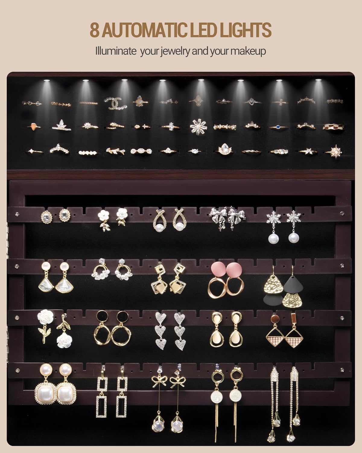 Hzuaneri 8 LEDs Jewelry Cabinet Armoire, 66.9-inch Jewelry Organizer with Garment Rack, Lockable Full-length Mirror with 4 Wheels, Storage Shelves with Hooks, 5-in-1, Brown JC17019B