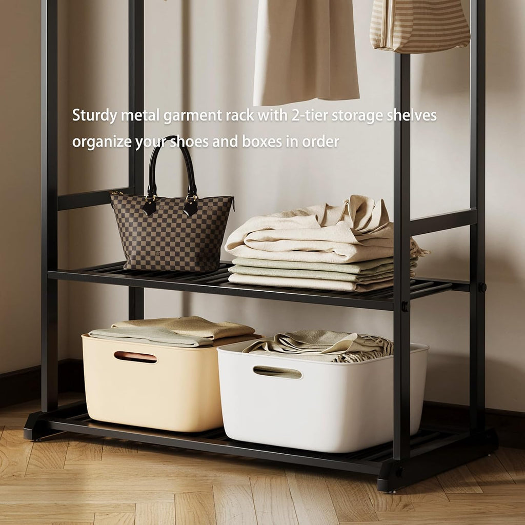 Sturdy metal clothes rack,Black freestanding clothing rack with bottom shelves and 6 side hooks,garment rack for hanging clothes,Modern wardrobe rack for Bedroom or cloakrooms