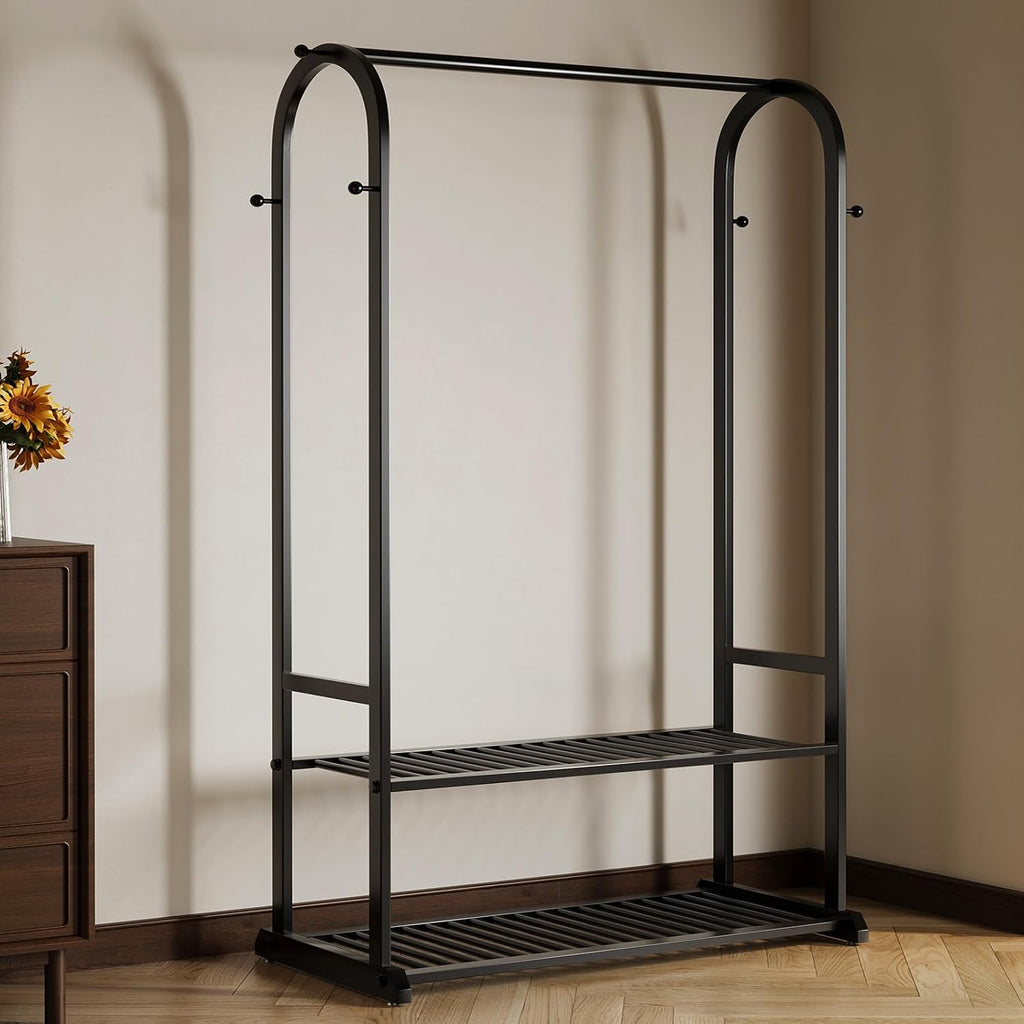 Sturdy metal clothes rack,Black freestanding clothing rack with bottom shelves and 6 side hooks,garment rack for hanging clothes,Modern wardrobe rack for Bedroom or cloakrooms