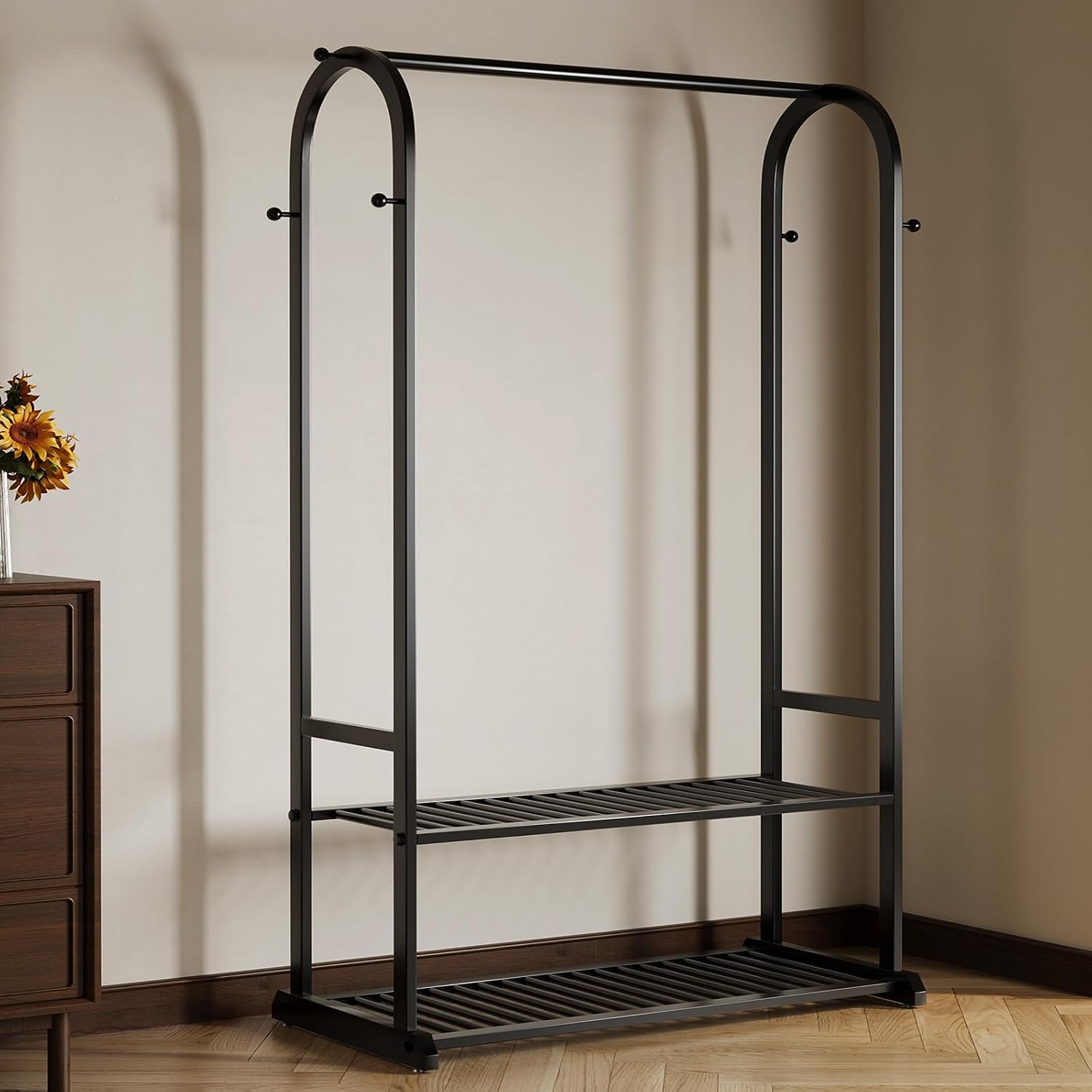 Sturdy metal clothes rack,Black freestanding clothing rack with bottom shelves and 6 side hooks,garment rack for hanging clothes,Modern wardrobe rack for Bedroom or cloakrooms
