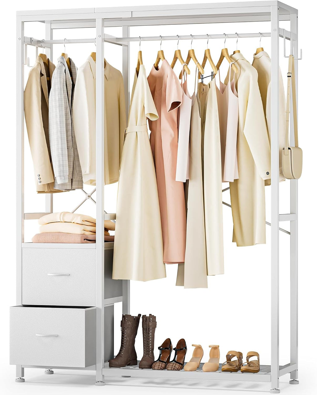 Lulive Clothes Rack with 2 Rods, Shelves, Drawers & Hooks, Garment Rack | Clothes rack with 2 hanging rods (50lbs each), 2 shelves, 2 fabric drawers & 4 hooks. 300lb total capacity. Fits small spaces
