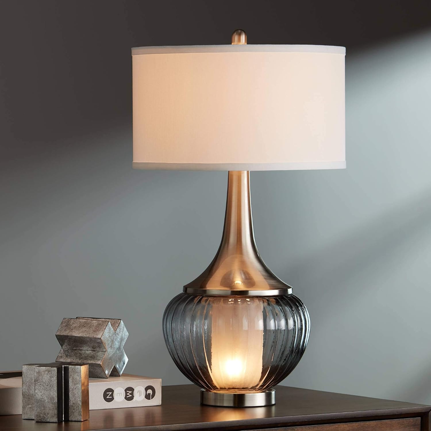 360 Lighting Courtney Modern Table Lamps 28 1/2' Tall Set of 2 with Night Light Brushed Nickel Ribbed Glass White Linen Drum Shade for Bedroom Living Room House Bedside Nightstand Office