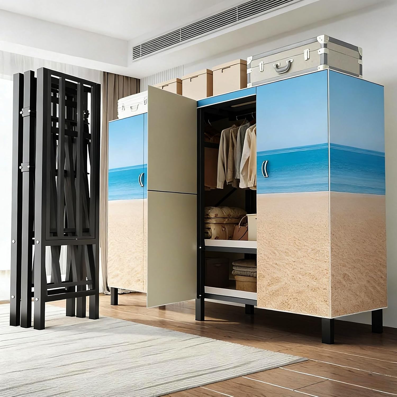 Heavy Duty Clothes Rack with Cover & Magnetic Doors, 1500lb Portable Wardrobe Closet - Foldable Garment Rack for Bedroom, Large Storage for Hanginng Dresses Jackets (Beach Blue, 49.2IN)