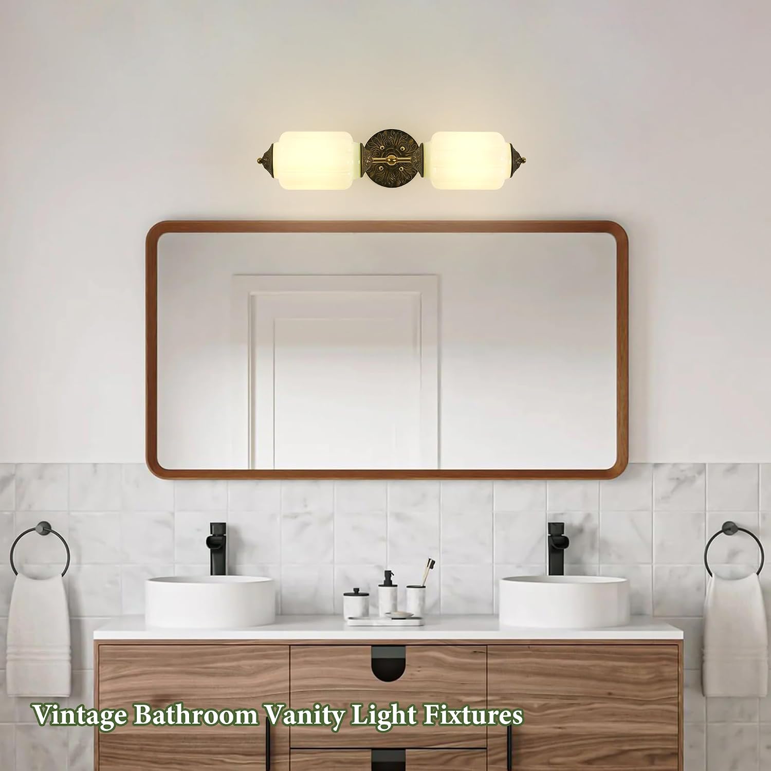 Vintage Milk Glass Bathroom Vanity Light - 25' Green Dimmable Wall Sconce with Bulb - Mid Century Vertical or Horizontal Mounted Sconces - Modern Brass Gold Lighting Fixture for Indoor Bedroom Hallway