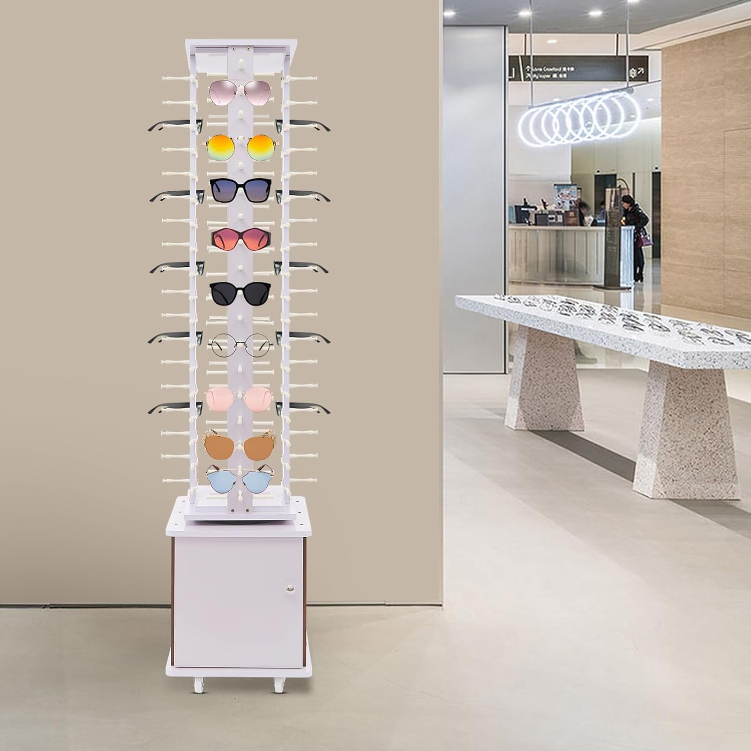 72 Pairs Sunglass Display Stand Retail 360° Rotating Glasses Holder Rack, Freestanding Sunglasses Holder Organizer with Rolling Storage Cabinet (Lilac)