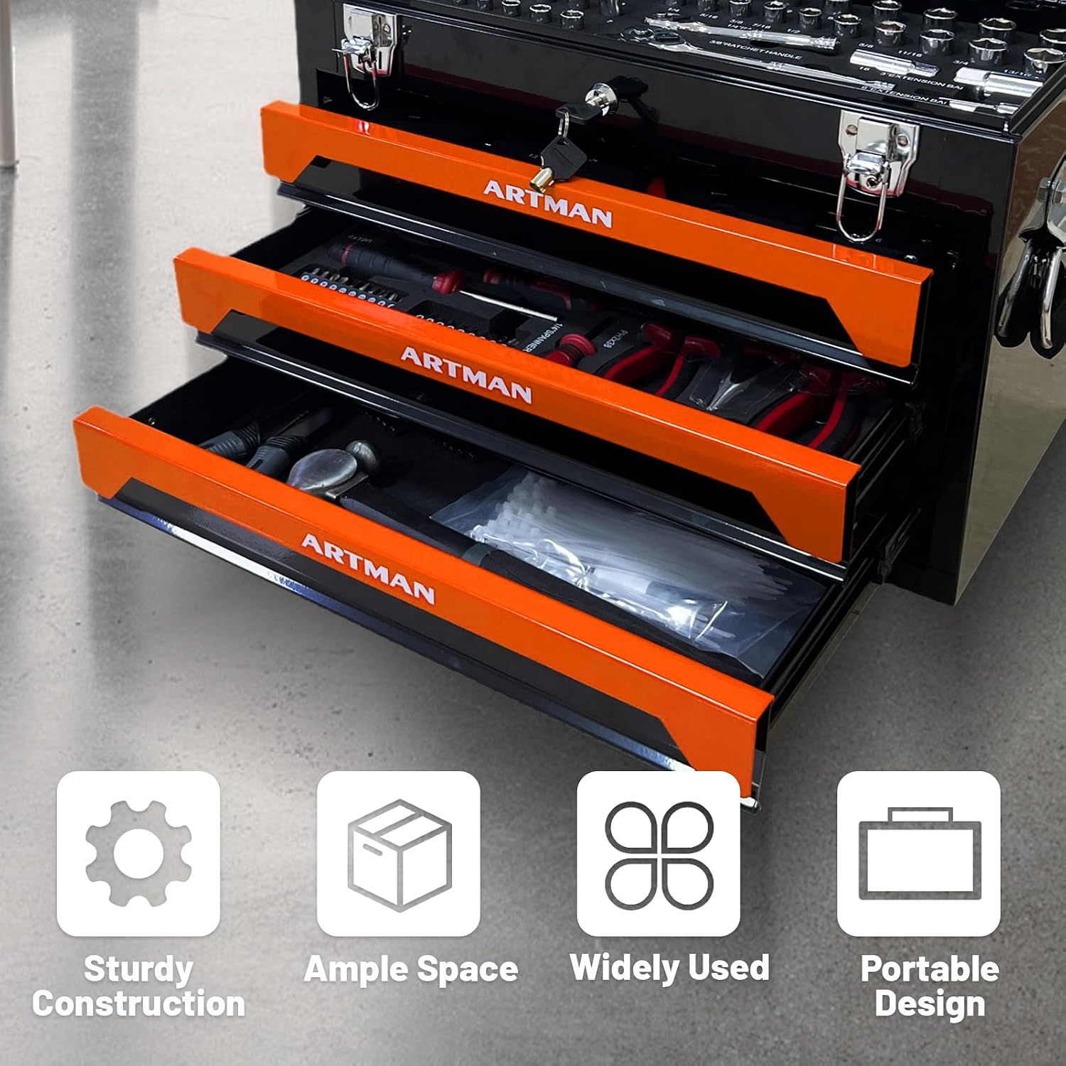 3 Drawer Tool Chest 439-Piece Mechanics Tool Set with Lock, Portable Household Tool Kit Heavy Duty Metal Tool Box for Garage, Warehouse,Workshop and Auto Repair (Orange)