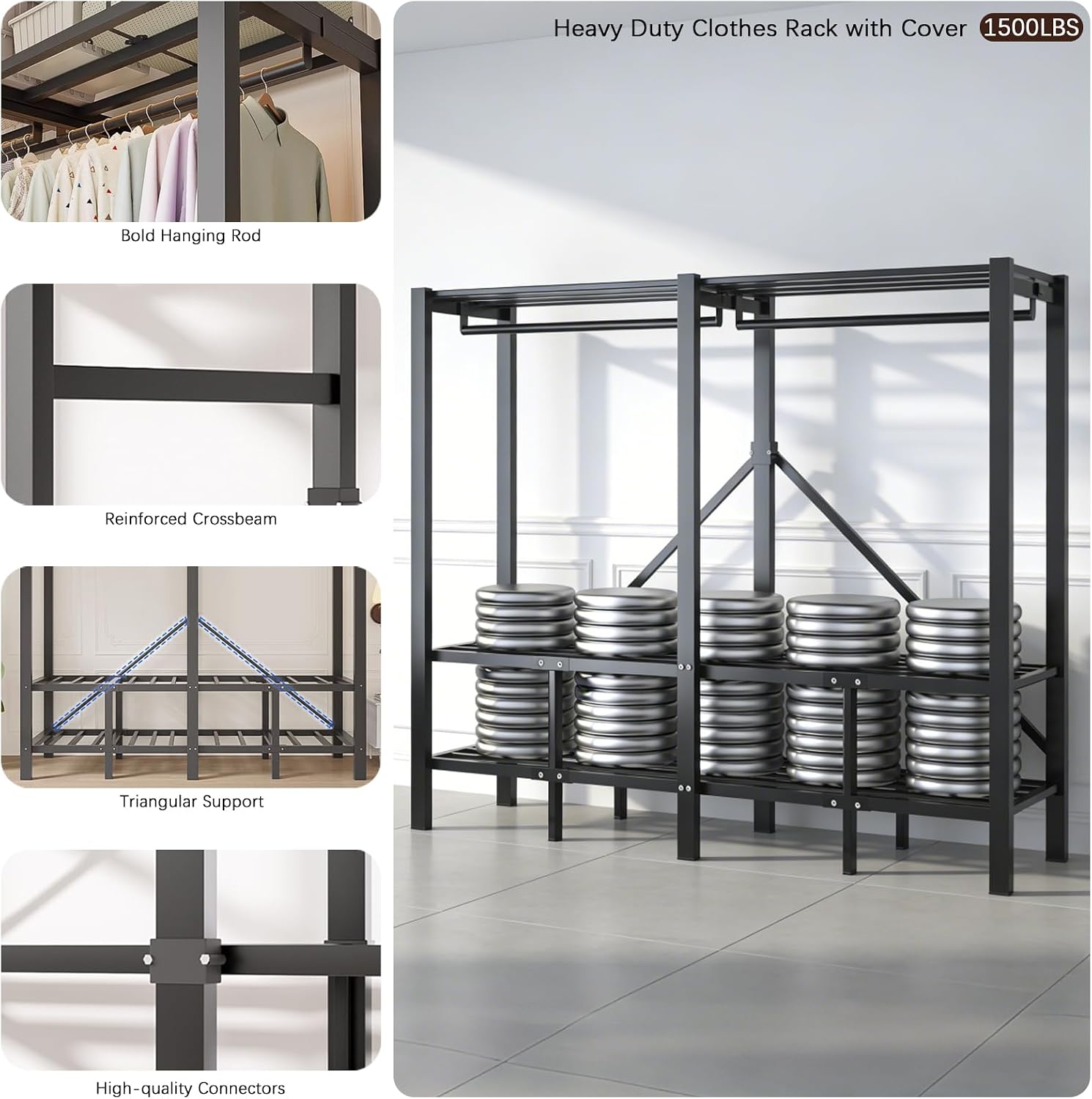 95.3in Foldable Portable Wardrobe Closet with Cover, Heavy Duty Clothing Rack for Hanging Clothes has 59in Vertical Storage Space, Coffee Metal Garment Rack (Coffee)