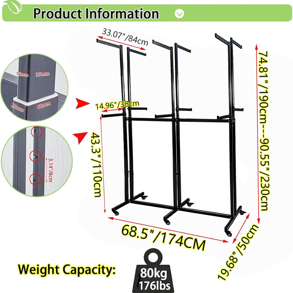 Floor Standing Metal Garment Rack - Heavy Retail Display Racks With Wheels, Two-story 12 Arms Clothing Rack, Square Tubing Portable Shirt Rack, Merchandise Display RackFor Hanging Clothes (Black-2)