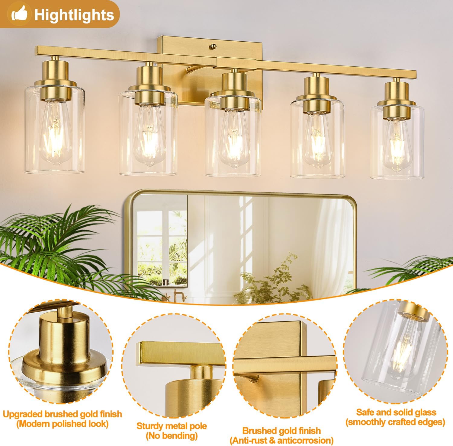 Indoi 5-Light Bathroom Vanity Light with Clear Glass Shades, Brushed Gold Bathroom Light Fixtures Over Mirror, Modern Vanity Light for Mirror Living Room Cabinet Bedroom Porch