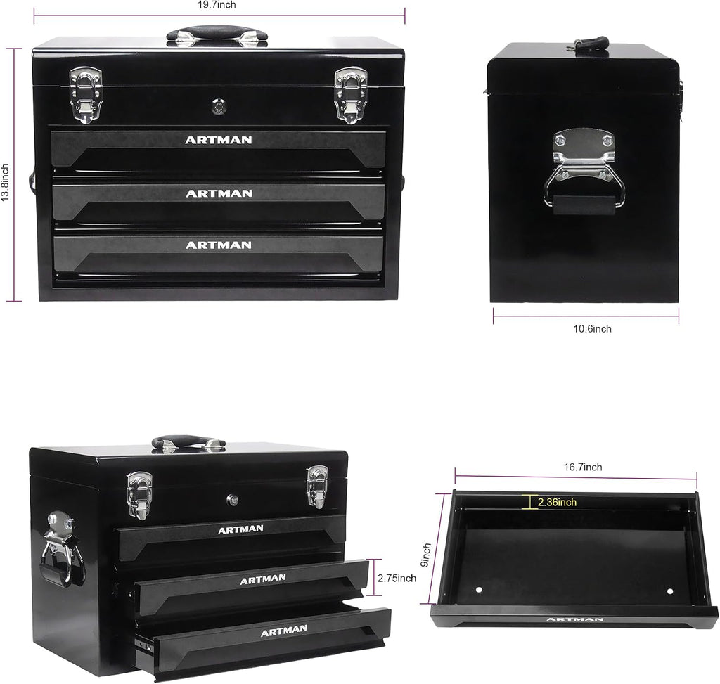 RYH 20' Portable 3-Drawer Steel Toolbox with Lock - Heavy Duty Tool Box Set for Mechanics, Electricians & Home Improvement | Includes Socket Wrench, Pliers, | Gift for Men, Handymen(Black)