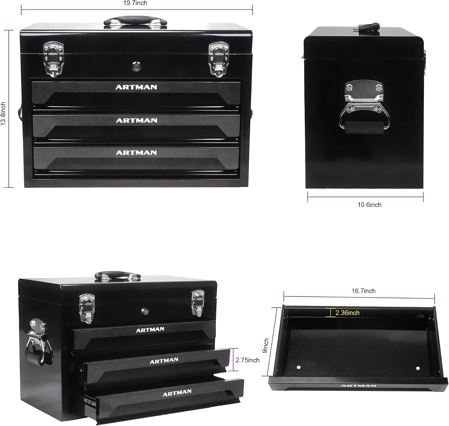 3 Drawer Tool Chest 439-Piece Mechanics Tool Set with Lock, Portable Household Tool Kit Heavy Duty Metal Tool Box for Garage, Warehouse,Workshop and Auto Repair (Black)