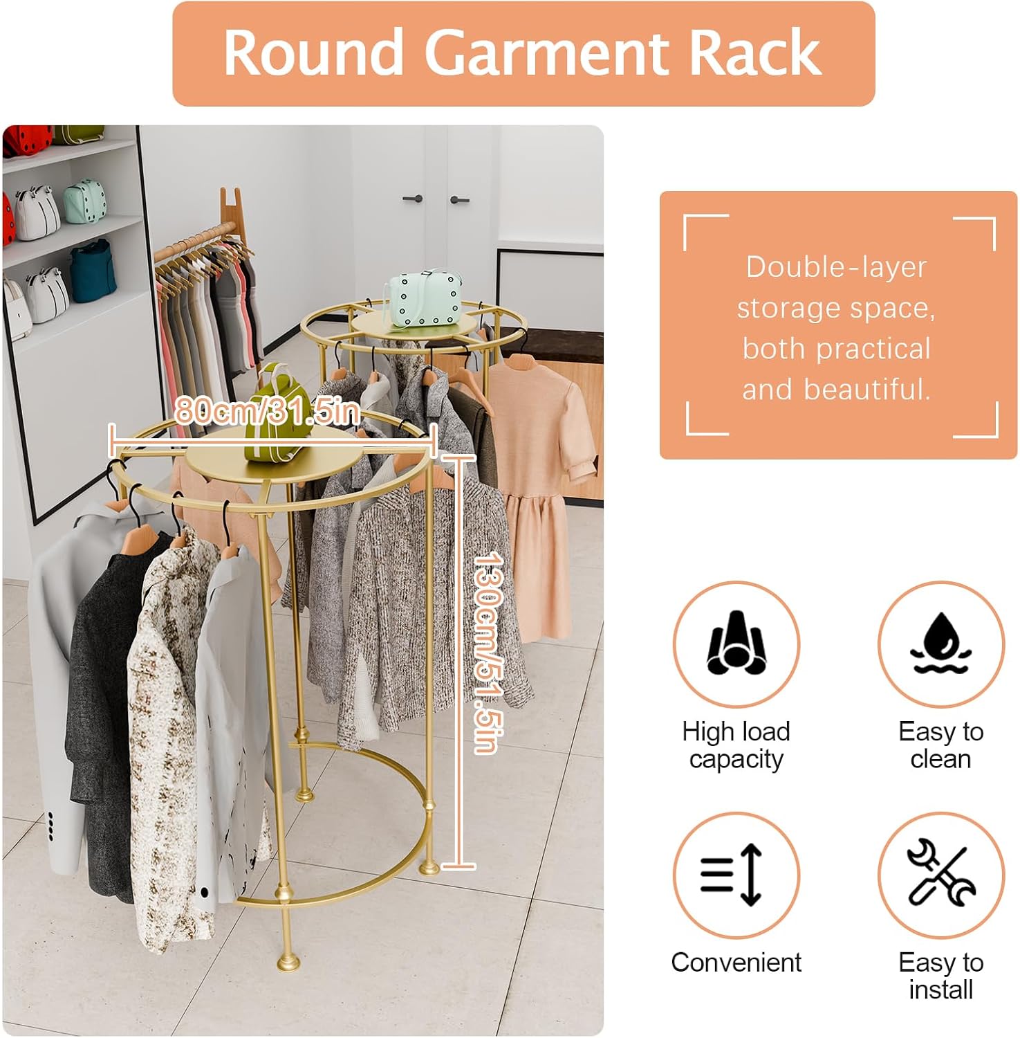 Round Garment Rack,Freestanding Round Clothing Rack,Iron Clothes Hanging Rack with Topper,Metal Clothing Rack for Shopping Malls Retail Boutique Display Laundry Rooms Bedroom (Gold)