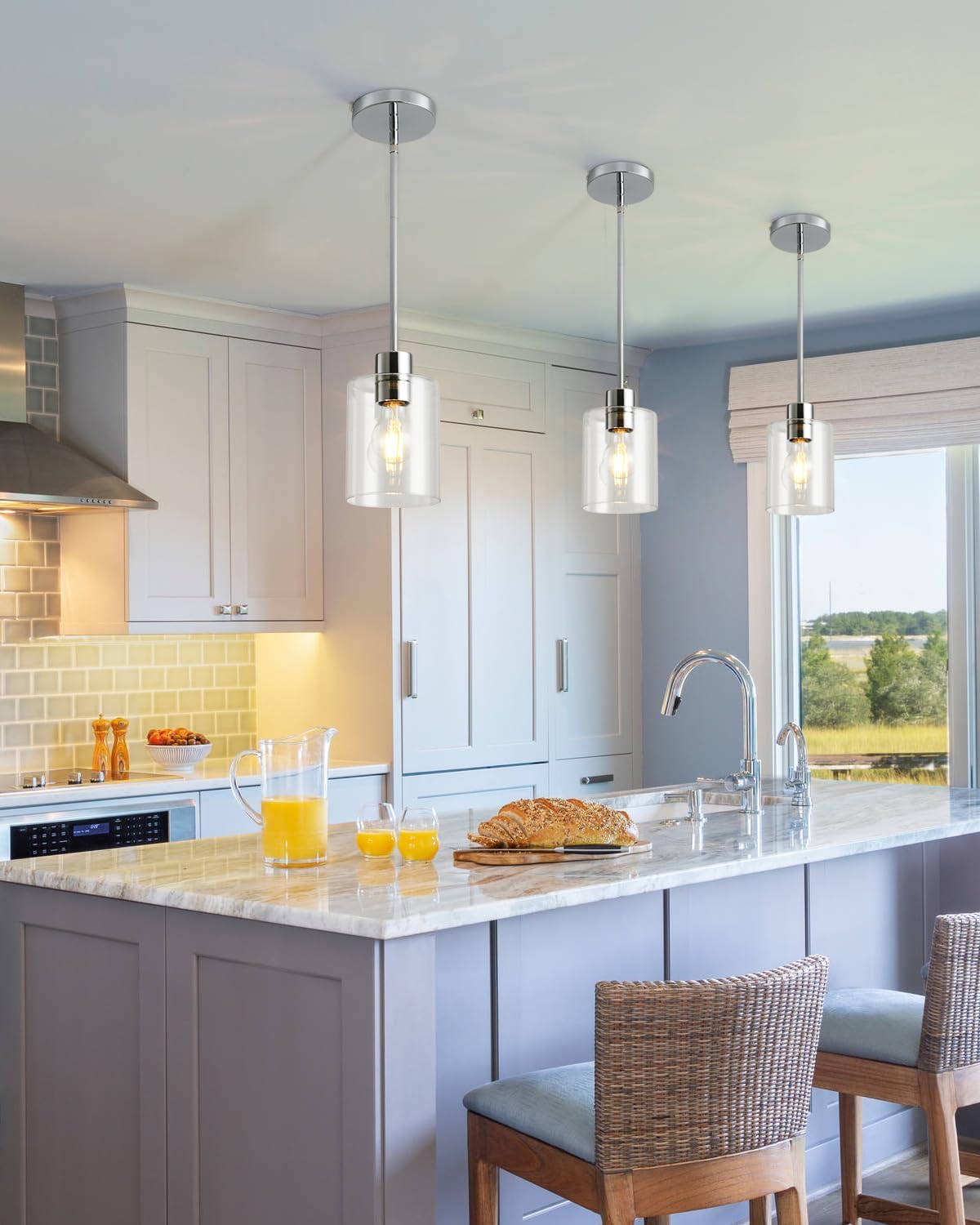 Chrome Pendant Lights Kitchen Island - Clear Glass Pendant Light Fixture Multiple Stems Rods 3 Units 12 Inch 3 Units 4 Inch (3 Pack Chrome Downrod)