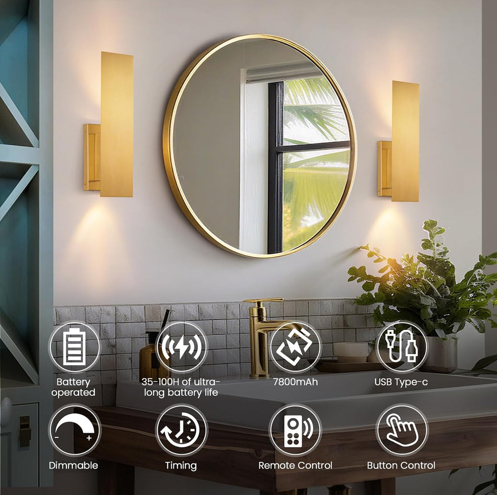 Gold Wireless Wall Sconces Set of Two,3000K-6000K Dimmable Battery Operated Wall Sconce with Remote,USB Rechargeable LED Wall Lights for Living Room Bedroom Hallway