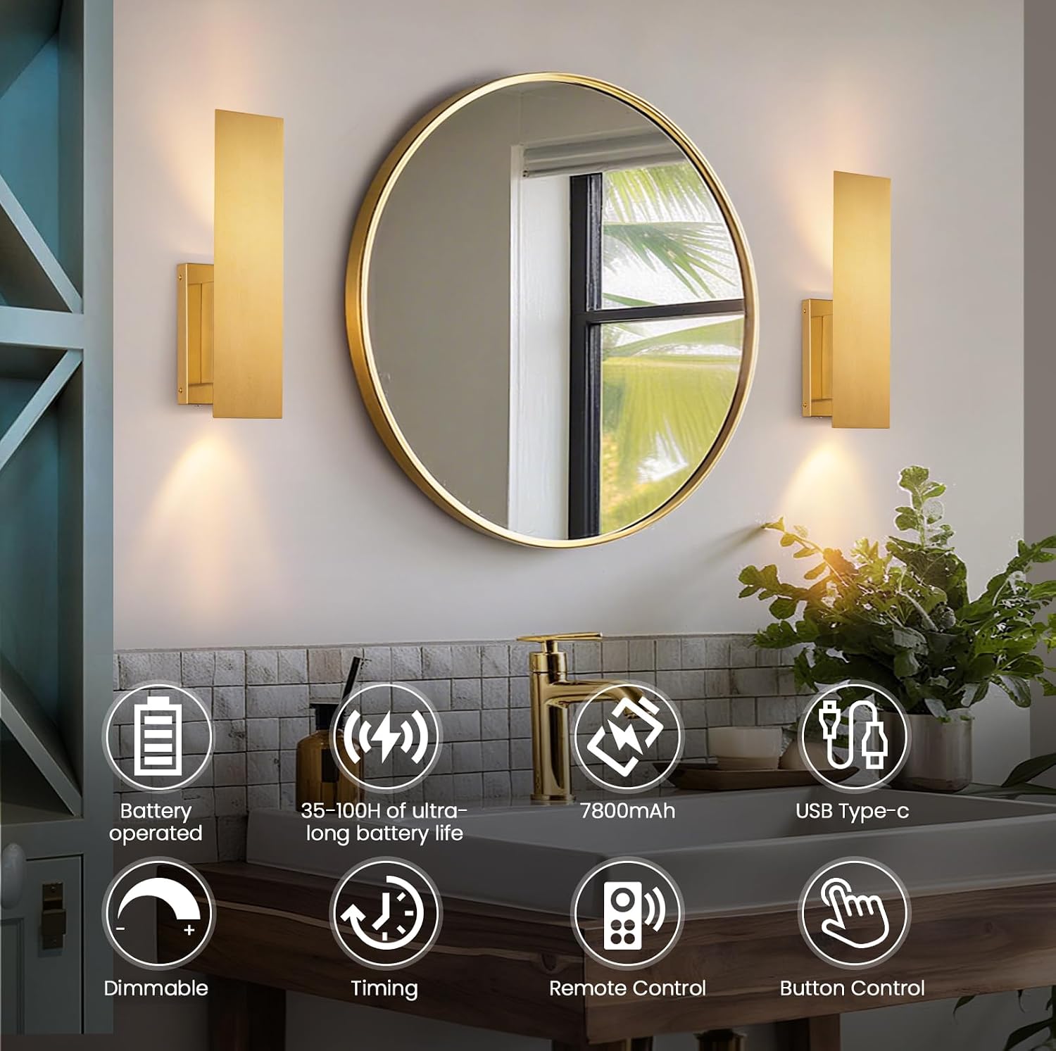 Gold Wireless Wall Sconces Set of Two,3000K-6000K Dimmable Battery Operated Wall Sconce with Remote,USB Rechargeable LED Wall Lights for Living Room Bedroom Hallway