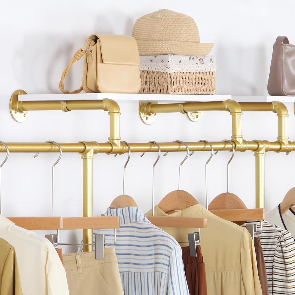 Wall Mounted Gold pipe clothing rack with 3 T-Bar Design and Nano Gold Finish with 2 Wooden Shelves Heavy Duty Wall Mounted Iron Garment Bar for Retail Display and Closet Storage