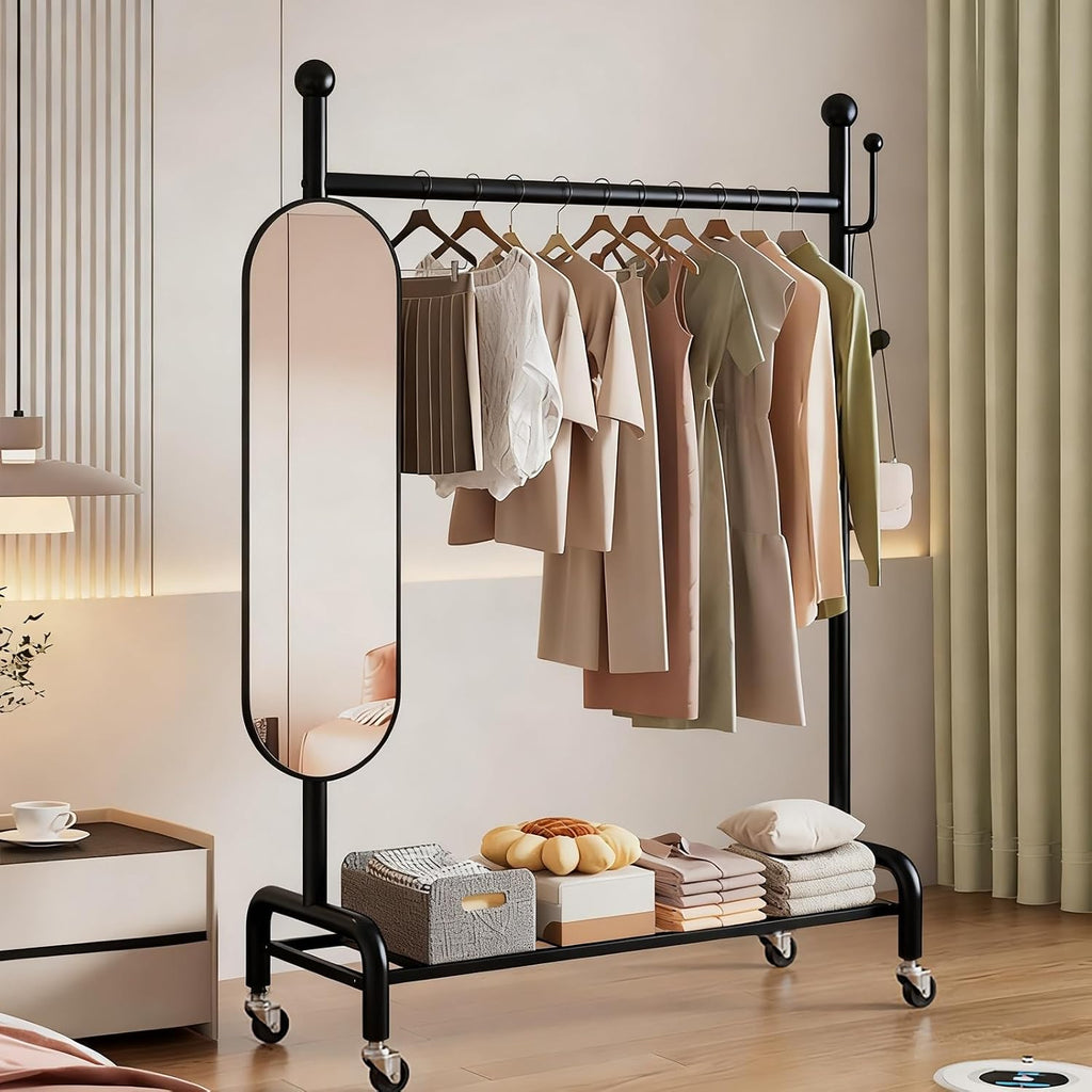 Metal Clothing Rack With 360° Rotating Mirror,Rolling Clothes Rack For Hanging Clothes,Garment Rack With Shelves, Portable Closet Organizer On Wheels For Hanging Clothes(Black,80cm/31.5in)