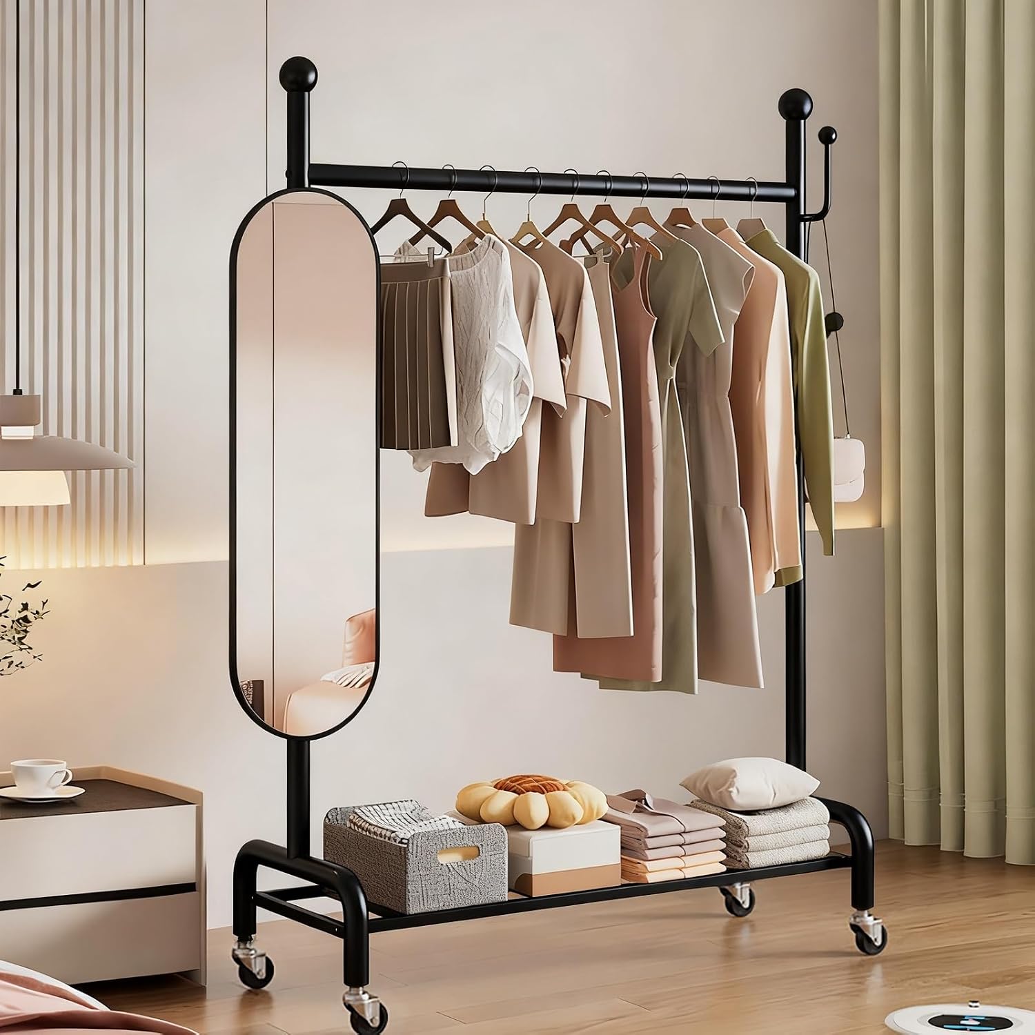 Metal Clothing Rack With 360° Rotating Mirror,Rolling Clothes Rack For Hanging Clothes,Garment Rack With Shelves, Portable Closet Organizer On Wheels For Hanging Clothes(Black,80cm/31.5in)