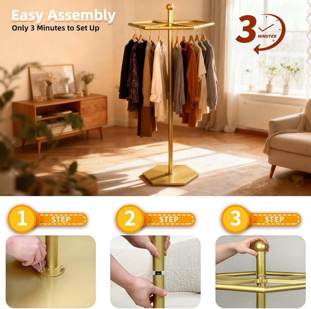 23-Inch Heavy-Duty Metal Rotating Clothes Rack, 42' x 42' Footprint, Rack Load 200lbs,Gold Round Clothing Rack with Adjustable Base Pads, Base Supports M8 Caster Wheels, For Home & Retail