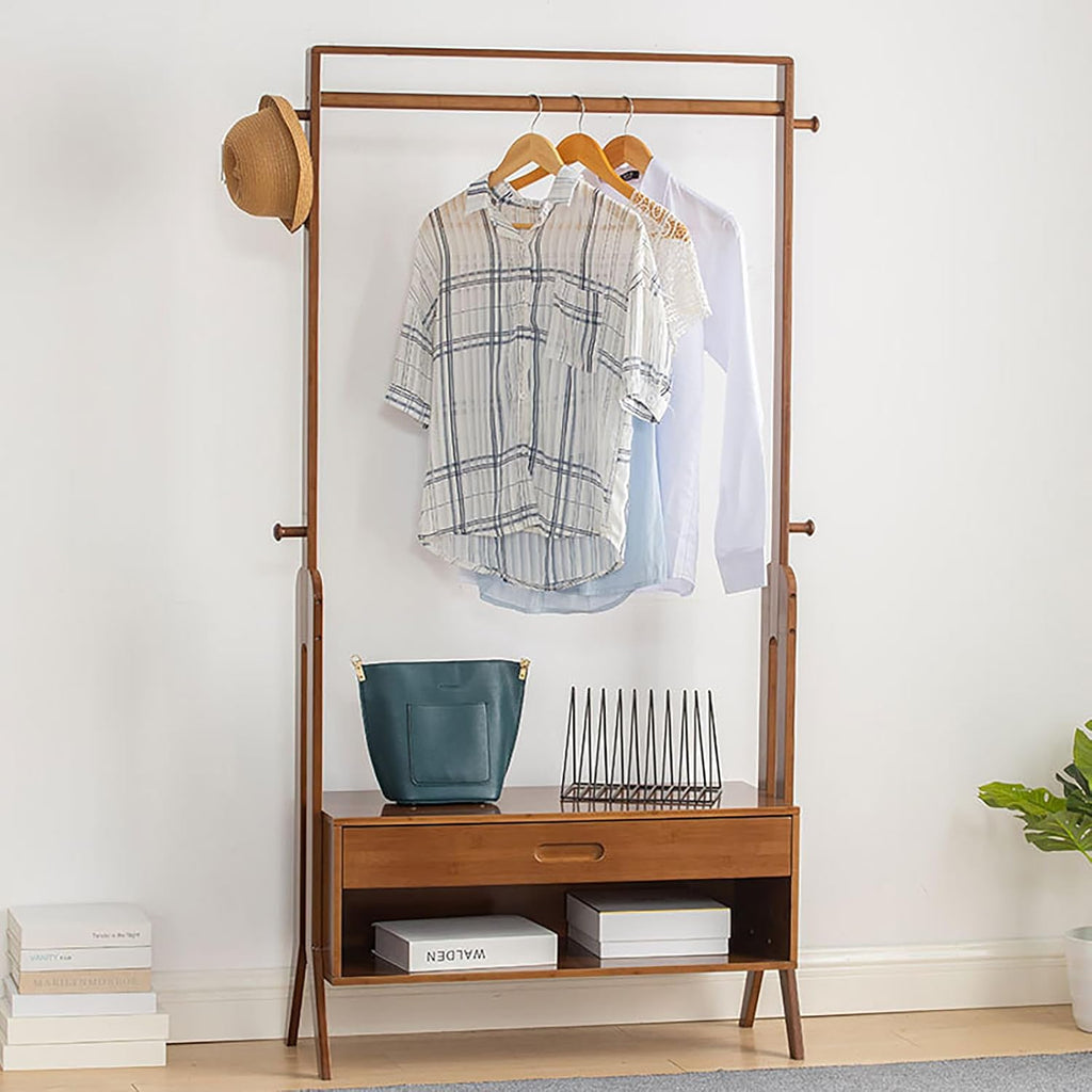 Bamboo Garment Rack with Drawers, Freestanding Wooden Clothing Rack with Hooks, Heavy Duty Coat Rack with Shelves Multifunctional Open Wardrobe Closet Organizer for Entryway Bedroom Indoor (A)