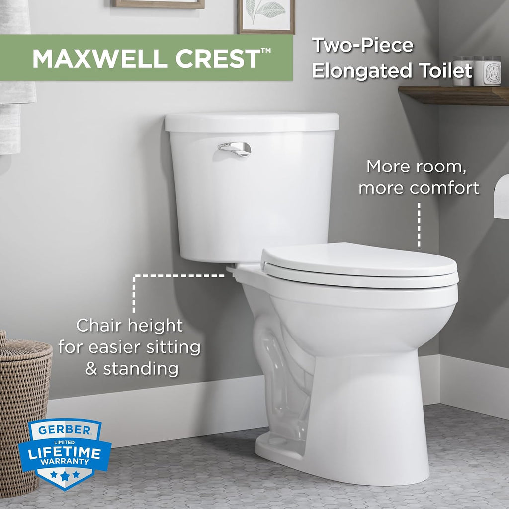 Gerber Maxwell Crest Two-Piece Toilet Elongated with 12-in Rough-in, ADA-Compliant Chair Height, High Efficiency 1.28 GPF, Soft-Close Seat and Install Kit with Wax Ring Included, White, GRS48310