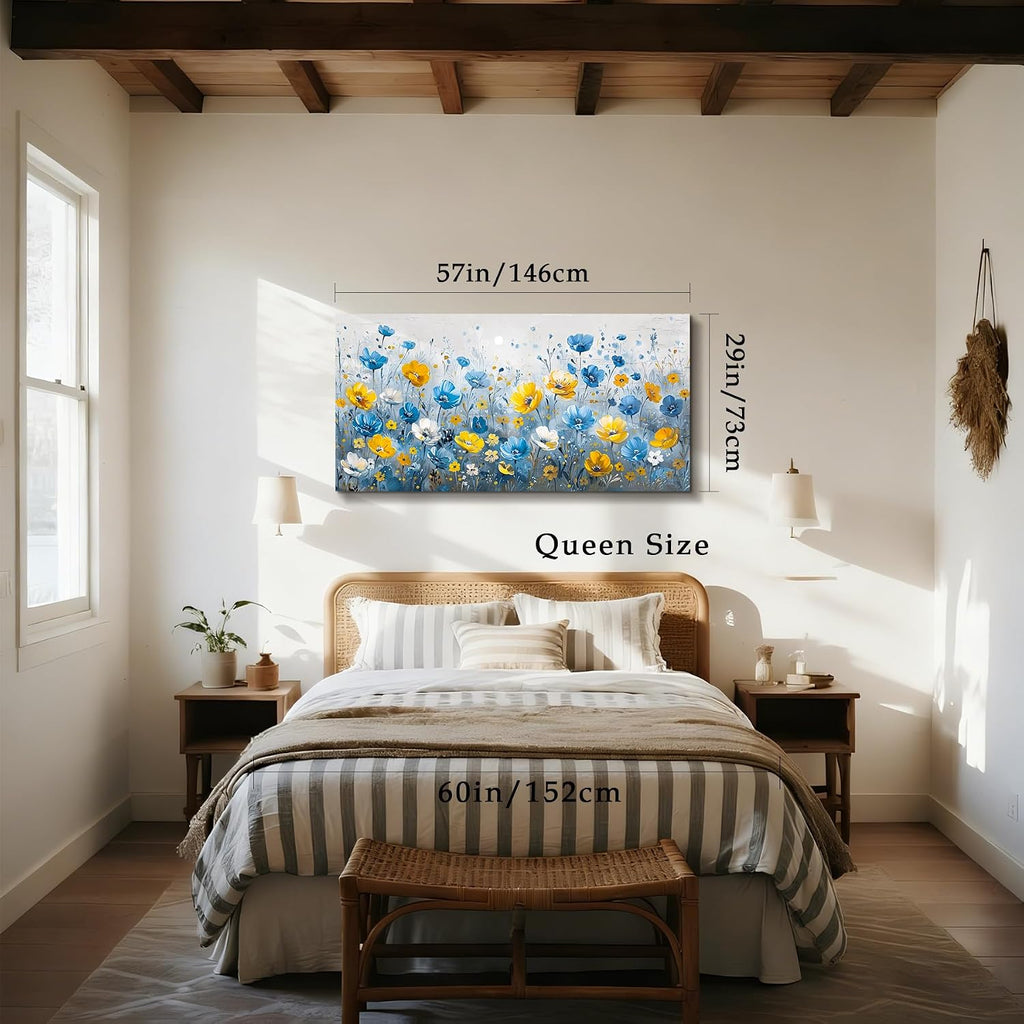 SERIMINO Extra Large Wall Art, Floral Wall Art, Nature Wall Decor, Boho Flower Market Prints, Blue Wildflowers Home Decorations, Aesthetic Pictures for Living Room Bedroom Dining Room Hallway 29'x57'