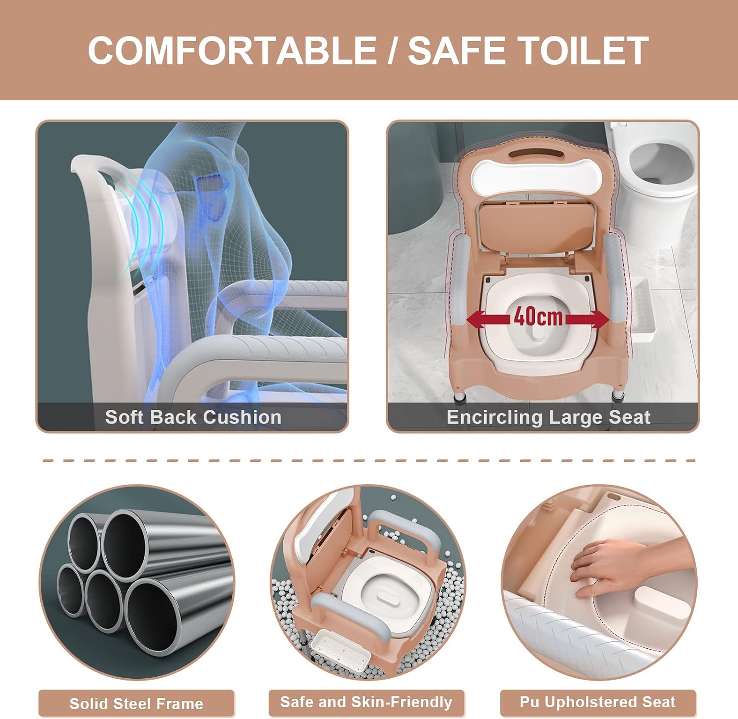 Bedside Commodes, 16' Toilet Chair Seat with Handles, Adjustable Mobile Portable Toilets, Anti-Slip and Anti-Rollover, Adult Potty Chair Load 660 Lb for Seniors Disabilities Elderly & Others