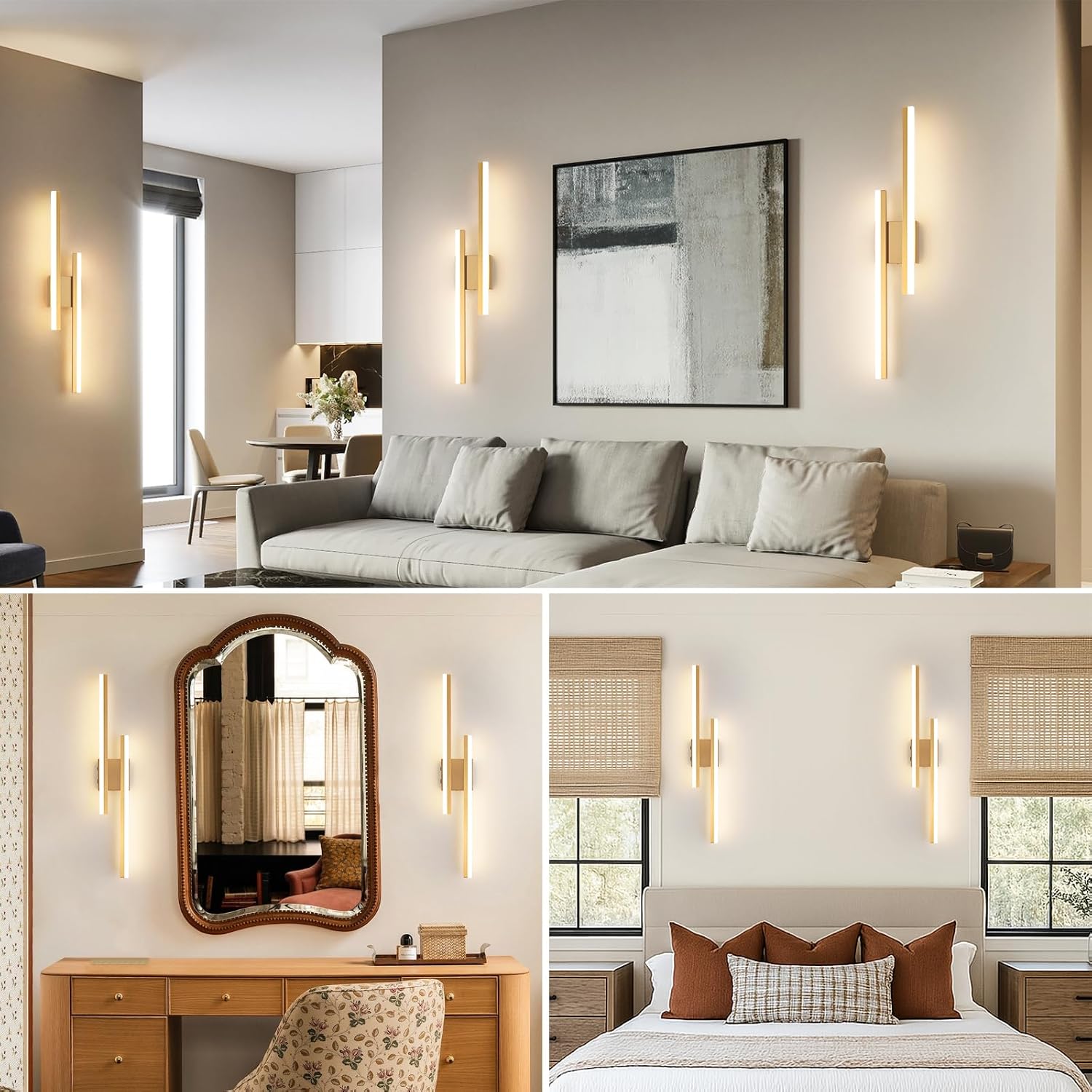 Modern Battery Operated Wall Sconce Set of Two,Gold Wall Light with Remote,Rechargeable LED Wall Lamp Indoor for Bathroom Living Room Bedroom Corridor