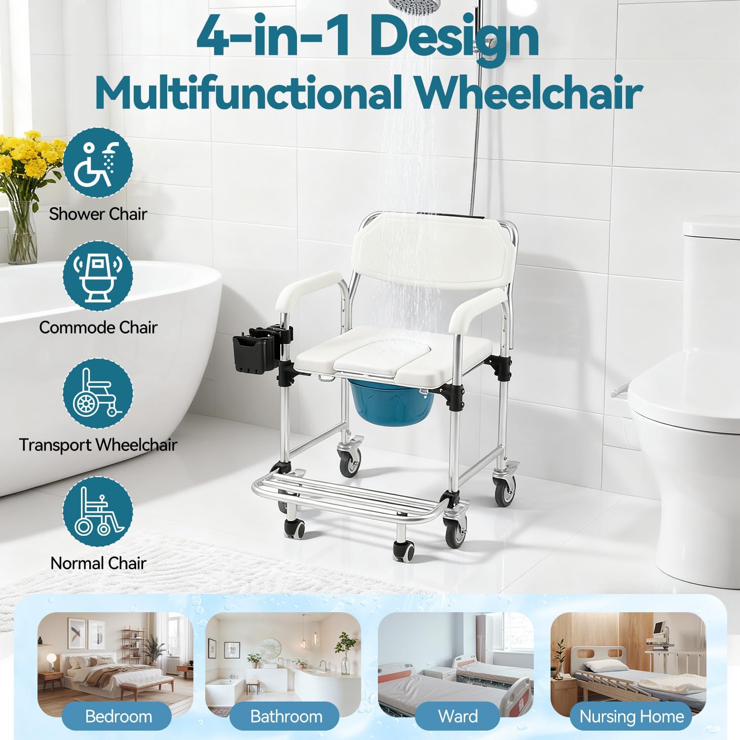 4-in-1 Bedside Commode Chair, Shower Wheelchair for Elderly and Disabled, Rolling Transport Toilet Chair with 4 Lockable Wheels, Anti-Tipping Rollout Footrest, Full Accessory Pack, White