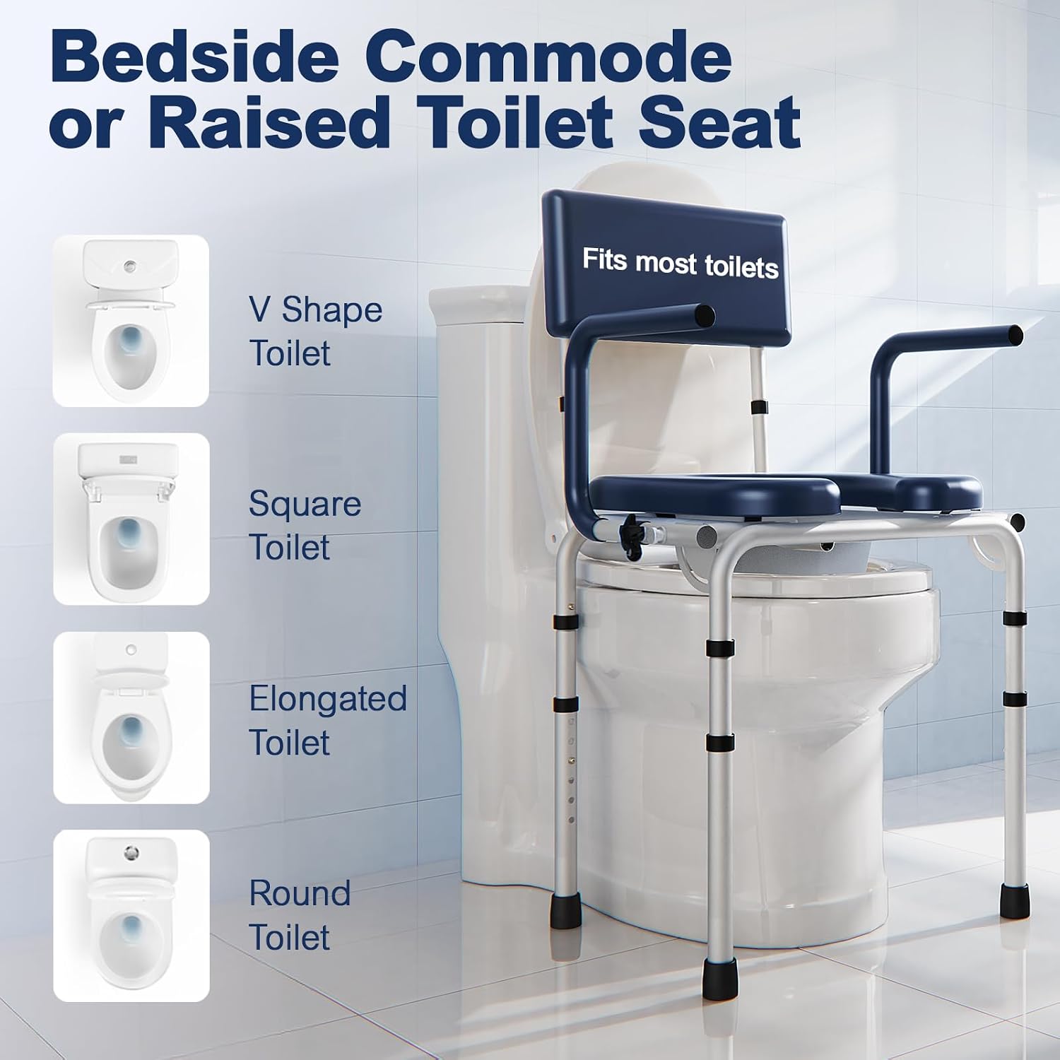 Drop Arm Bedside Commode, Commode Toilet with Padded Seat and Backrest, 400lbs Capacity, 6.3QT Removable Bucket and Splash Guard, Adjustable Height Portable Toilet for Adults, Blue