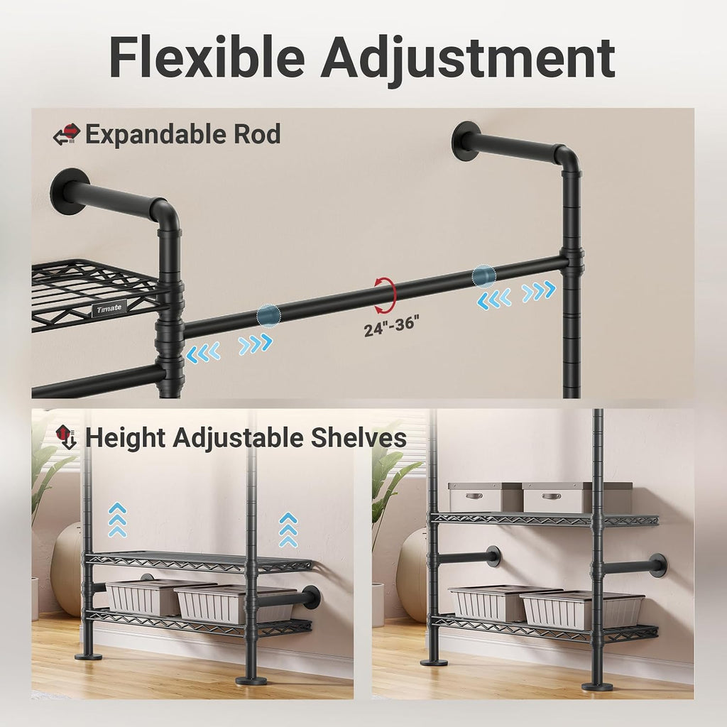 Timate X3 Expandable Heavy Duty Clothes Rack Wall Mounted Clothing Rack for Hanging Clothes, Industrial Pipe Closet System for Walk in Closet Kit Wall Mount Clothes Rack with Basket, Black Wall Closet