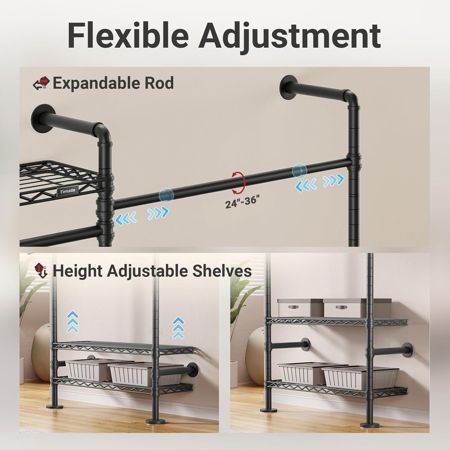 Timate F2 Industrial Pipe Clothes Rack Wall Mounted Clothing Rack for Hanging Clothes, Expandable Garment Racks Heavy Duty Wardrobe Closet Organizer and Storage, Black Adjustable Industrial Closet Kit