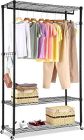 Homdox Garment Rack with 3 Tier Wire Adjustable Shelves, Rolling Clothes Rack Heavy Duty, 1 Hanging Rod, 2 Side Hooks, Black