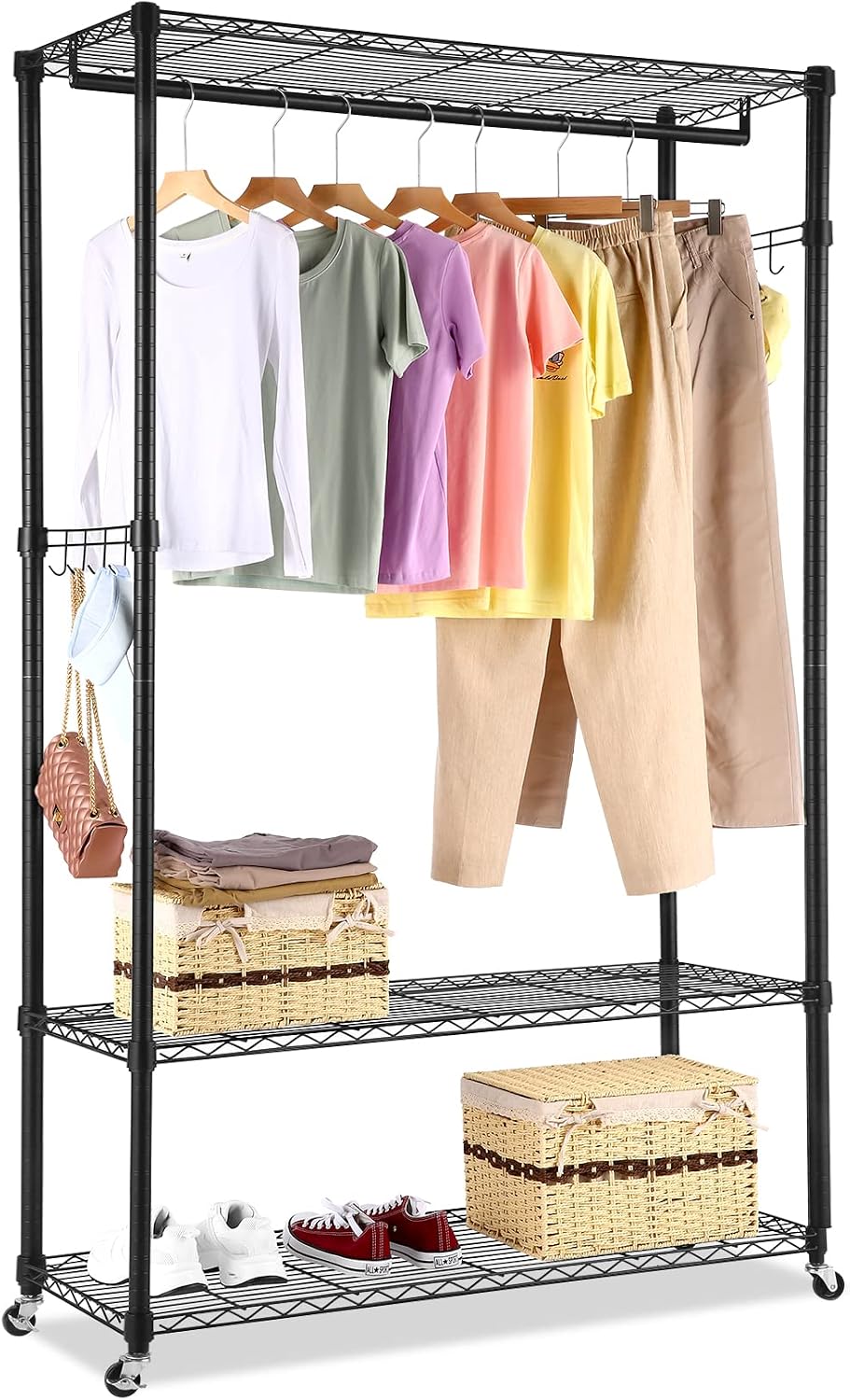 Homdox Garment Rack with 3 Tier Wire Adjustable Shelves, Rolling Clothes Rack Heavy Duty, 1 Hanging Rod, 2 Side Hooks, Black