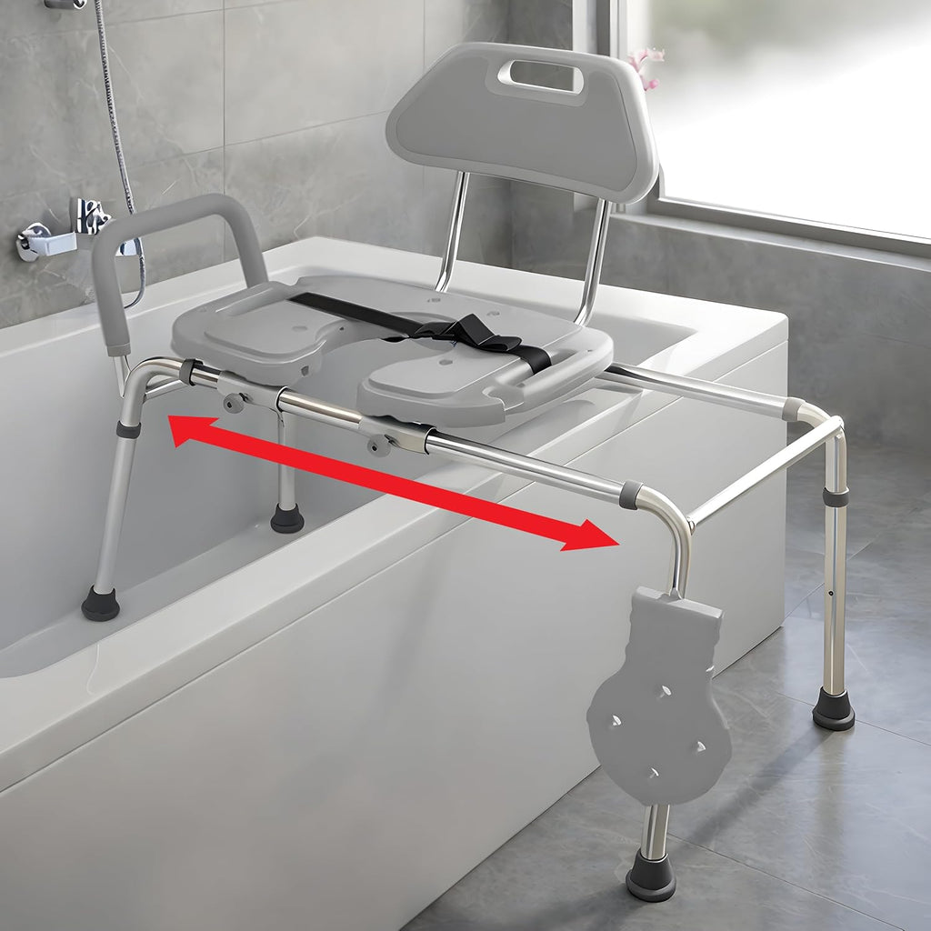 Platinum Health Sliding Shower Chair HydroGlyde Premium Heavy Duty, Padded Bathtub Transfer Bench with Cut Out Seat, for Bath Tub, Adjustable Legs, and Safety Belt, Quick Tool-Less Assembly, Gray