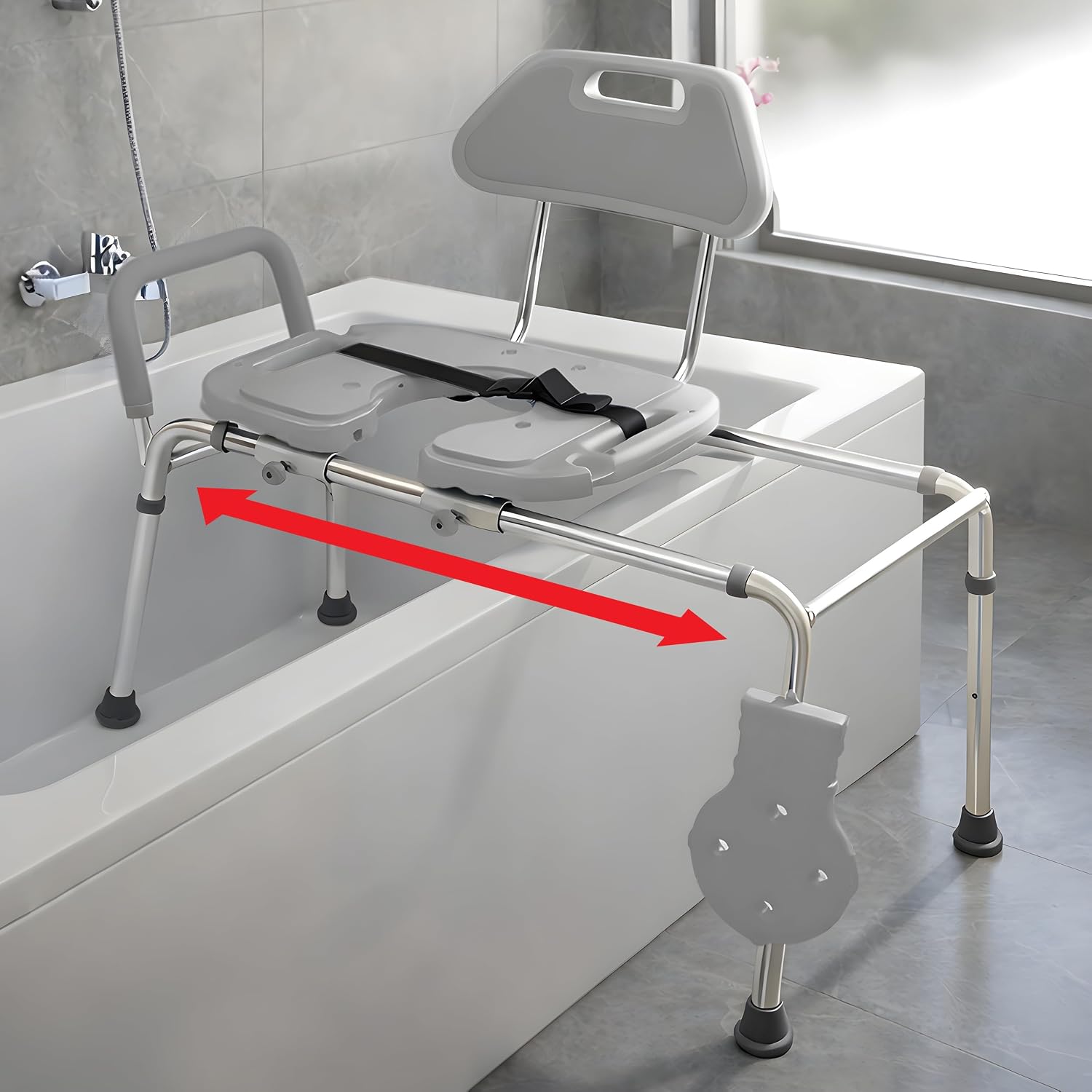 Platinum Health Sliding Shower Chair HydroGlyde Premium Heavy Duty, Padded Bathtub Transfer Bench with Cut Out Seat, for Bath Tub, Adjustable Legs, and Safety Belt, Quick Tool-Less Assembly, Gray