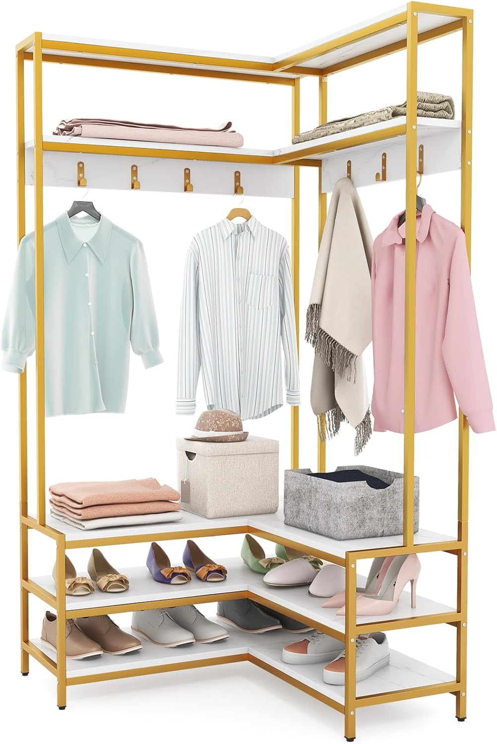 Giantex Corner Coat Rack with Shoe Bench, L-Shaped Garment Rack with 5 Shelves & 7 Hooks, Heavy Duty Freestanding Clothes Racks Entryway Bench with Shoes Organizer for Hallway (White & Gold)