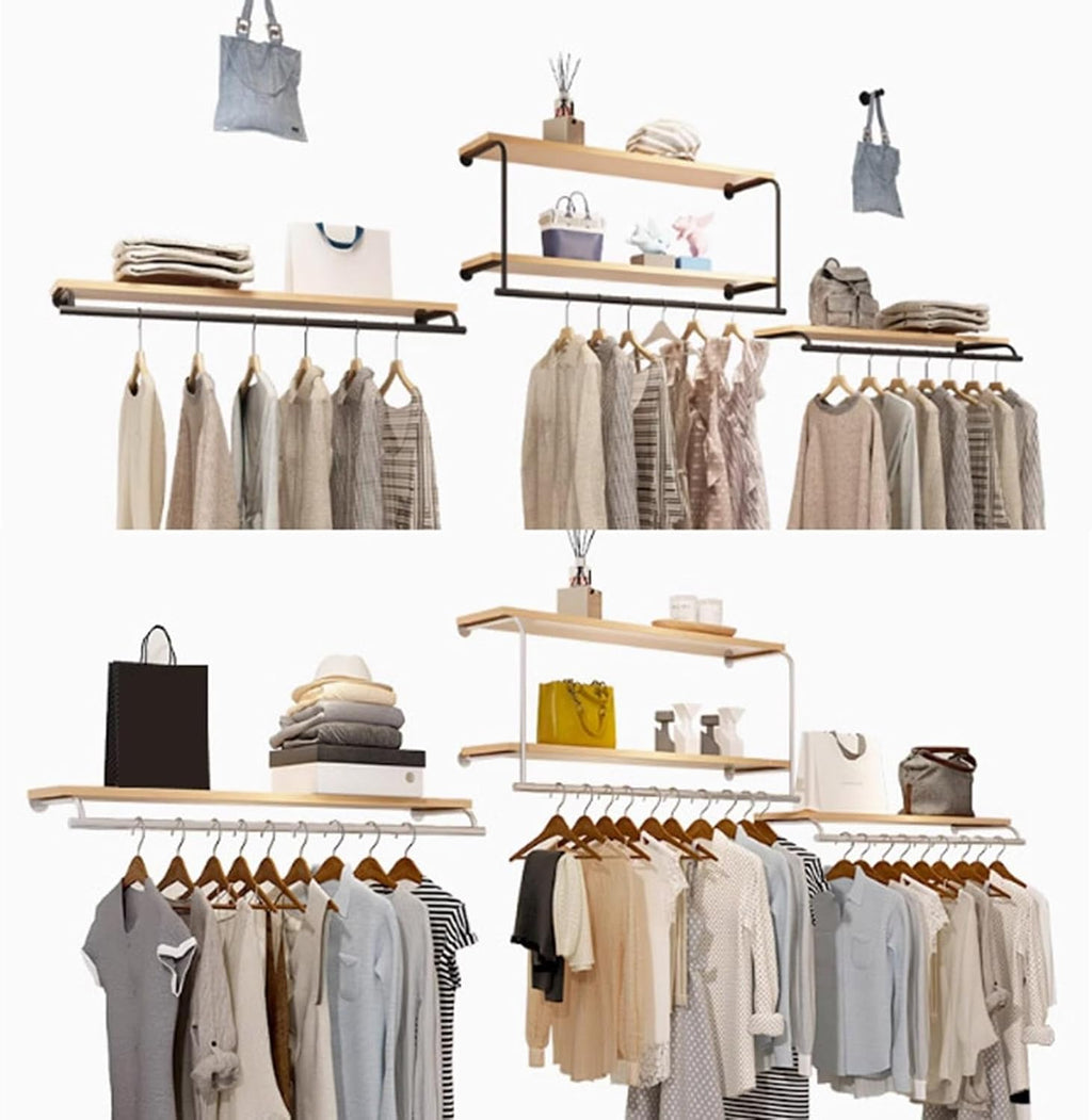 Wall Mounted Garment Rack Clothes Racks with Top Shelf Clothing Rack with Hanging Rod,Clothing Store Floating Shelf,Retail Display Clothes Racks Organizer Hanger Metal(White,120CM/47in)