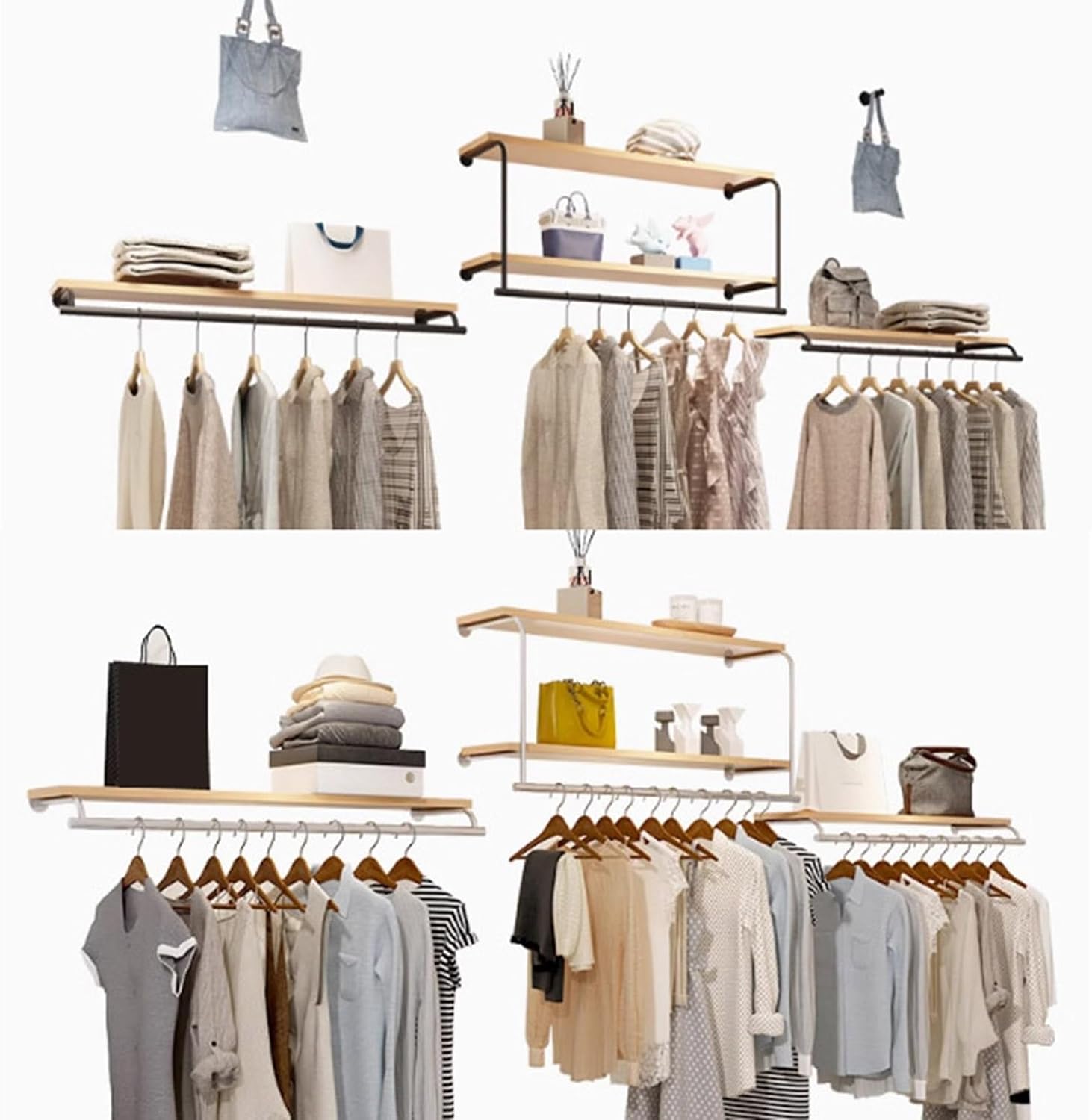 Wall Mounted Garment Rack Clothes Racks with Top Shelf Clothing Rack with Hanging Rod,Clothing Store Floating Shelf,Retail Display Clothes Racks Organizer Hanger Metal(White,120CM/47in)