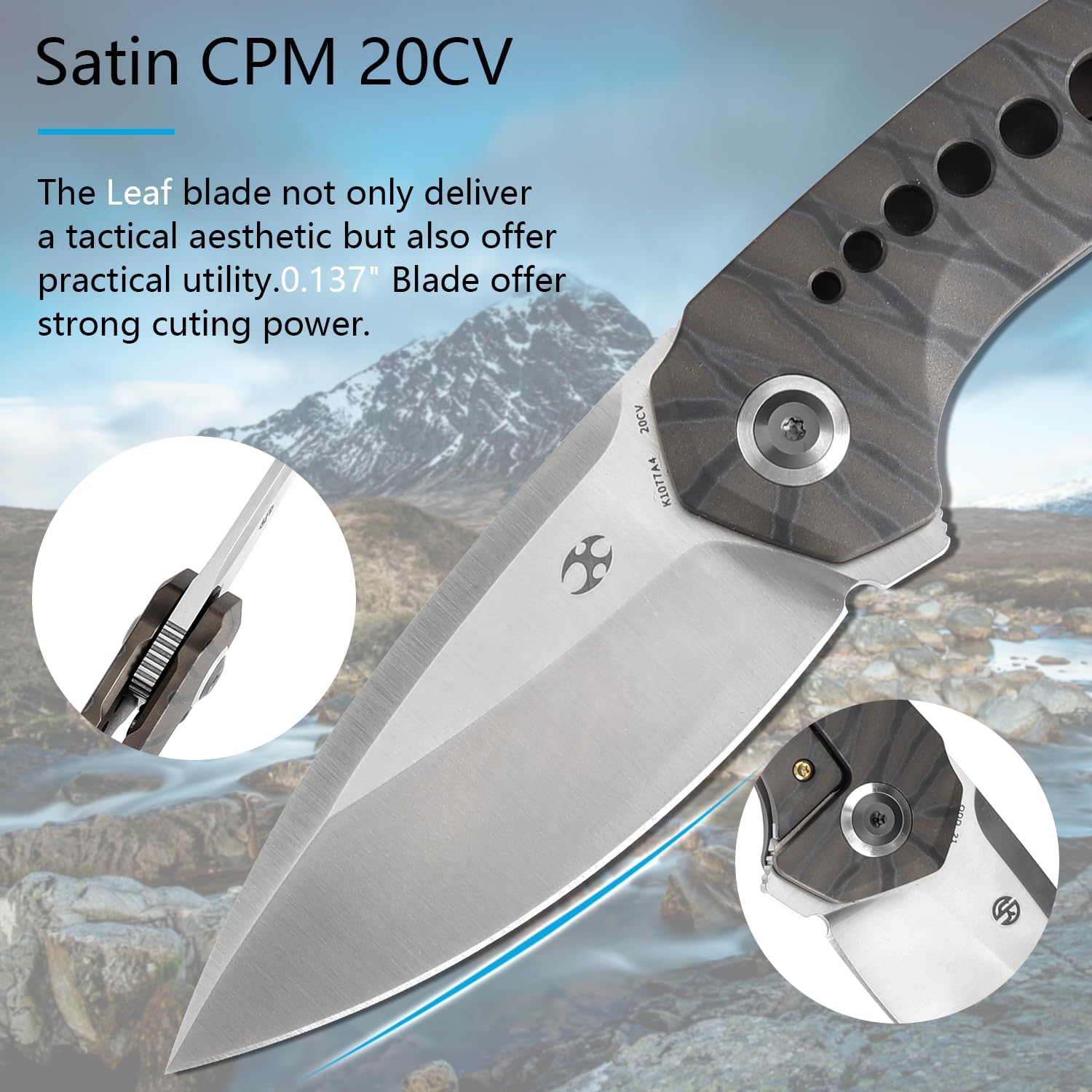KANSEPT ODD 21 Pocket Folding Knives for Camping Hiking Folding Knife 3.06'' Satin CPM 20CV Blade EDC Knife with Titanium with Tiger Stripe Finish Handle for Men and Women Everyday Carry K1077A4