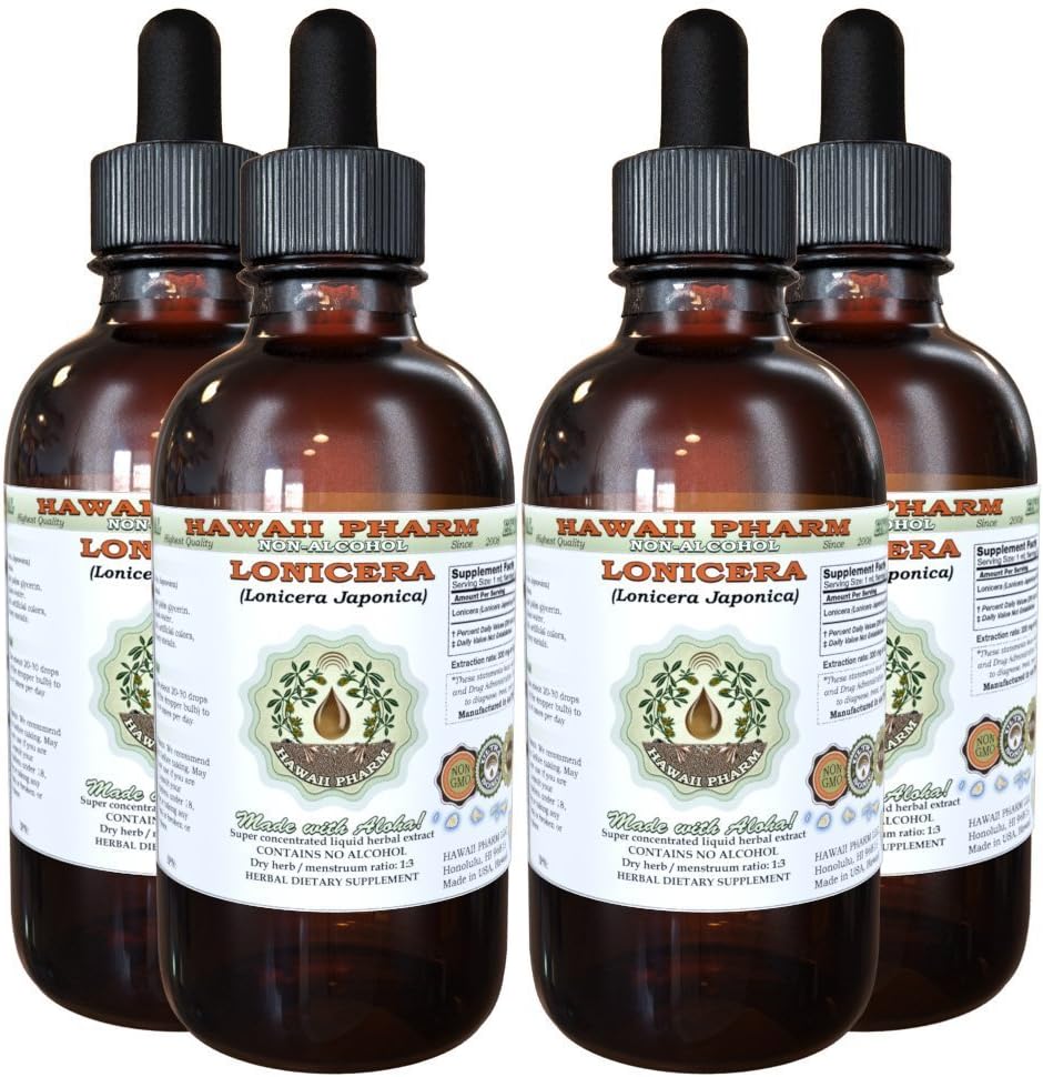Lonicera Alcohol-Free Liquid Extract, Lonicera (Lonicera Japonica) Dried Flower Glycerite Hawaii Pharm Natural Herbal Supplement 4x4 oz