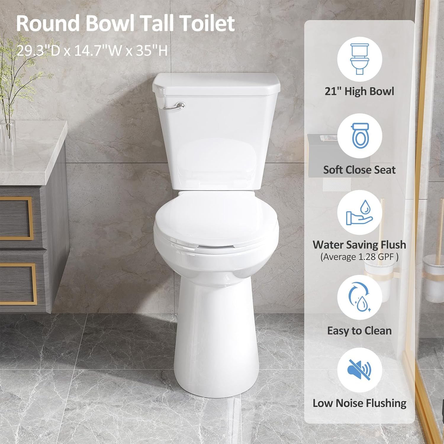 Simple Project 21 Inch High Toilet Elongated With Comfort Chair Seat, 1.28 Gpf Powerful Single Flush Extra Tall Toilet, 12 Inch Rough In Bathrooms Comfort Height Toilet for Seniors & Tall Person