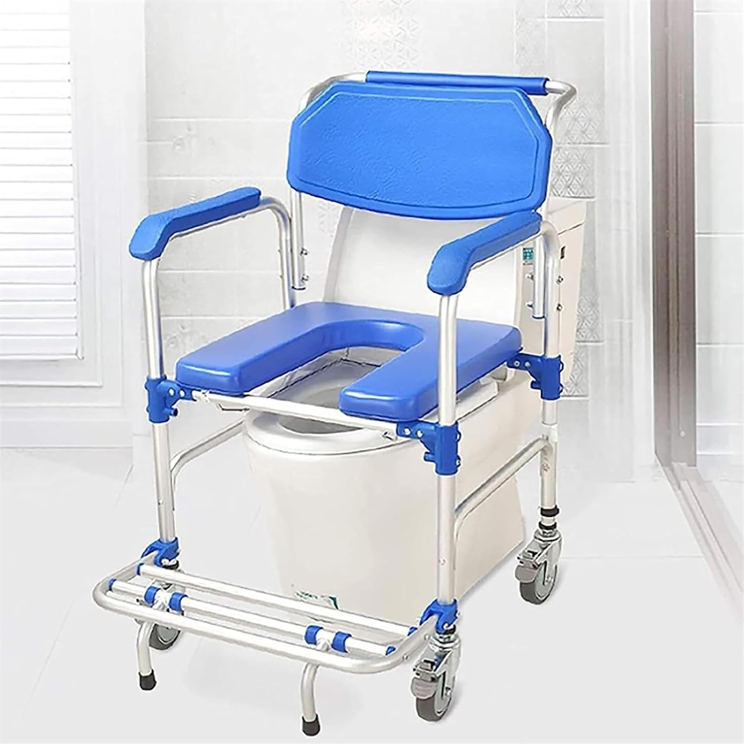 Bedside Commode,Toilet Seat with Handles Portable Aluminum Alloy Wheelchair Commode Toilet Seat Medical Transport Washable Rolling Chair with Casters