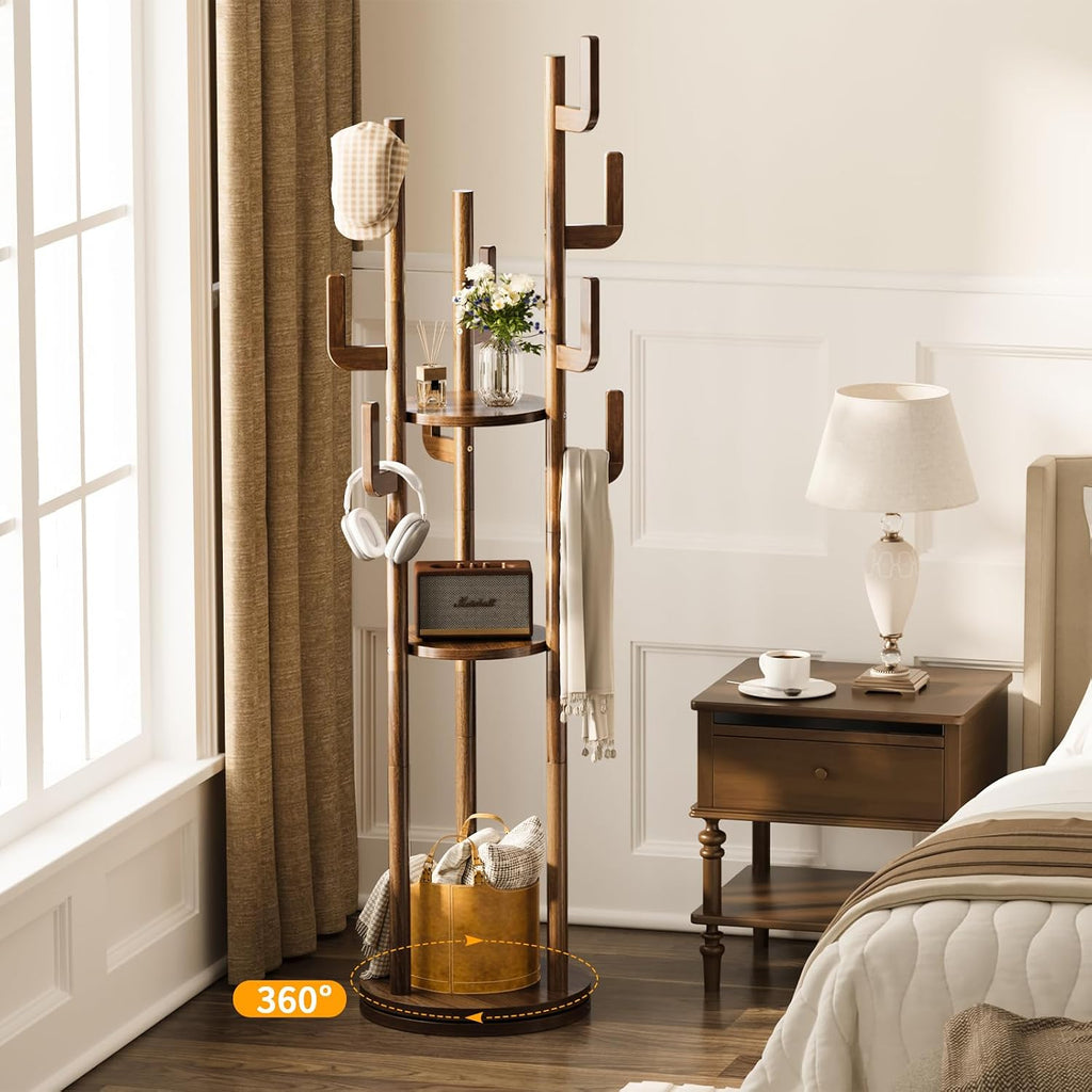 Yoobure Rotary Coat Rack Freestanding - Solid Wood Coat Tree with 9 hooks & 3 Storage Shelves for Purse, Bag, Jacket, Hat, Corner Hanger Stand Racks for Hall, Entryway, Office, Modern Clothes Holder