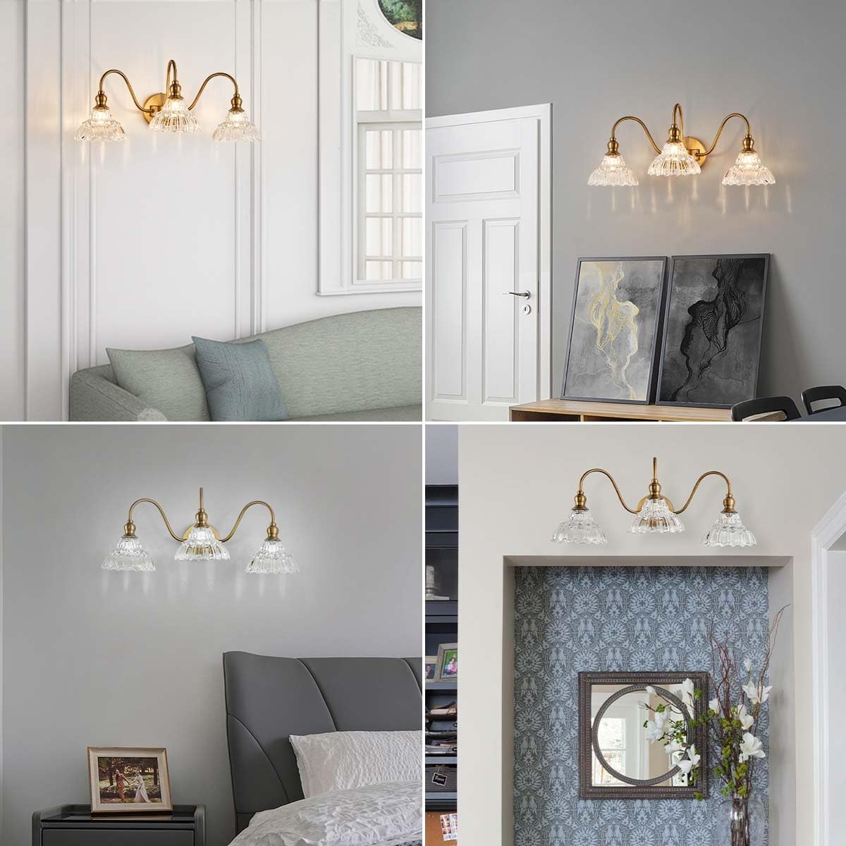 3-Light Bathroom Vanity Light Vintage Brass Wall Sconce with Clear Ribbed Glass Shades Farmhouse Bathroom Light Fixture Over Mirror G9 Base Wall Mount Lighting for Bathroom Hallway Bedroom